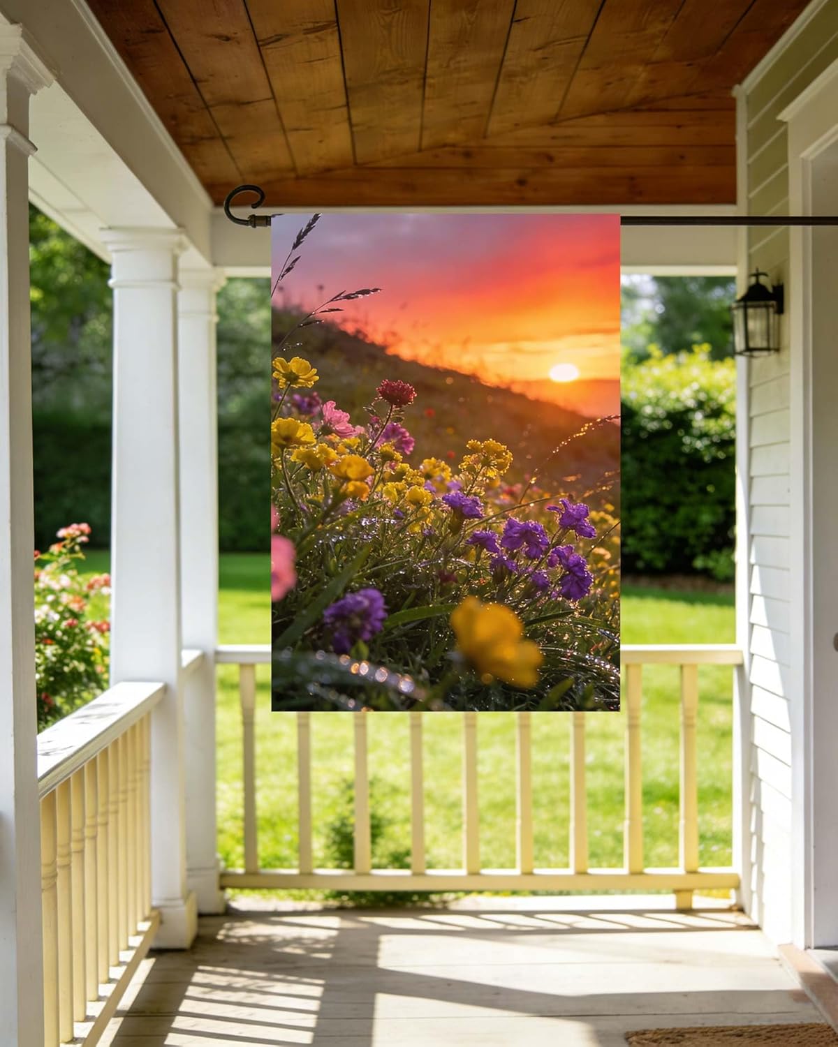 Spring Summer Floral Flowers In The Mountains with Sunrise House Flag 28" x 40" Double Sided Polyester Welcome Yard Garden Flag Banners for Patio Lawn Home Outdoor Decor