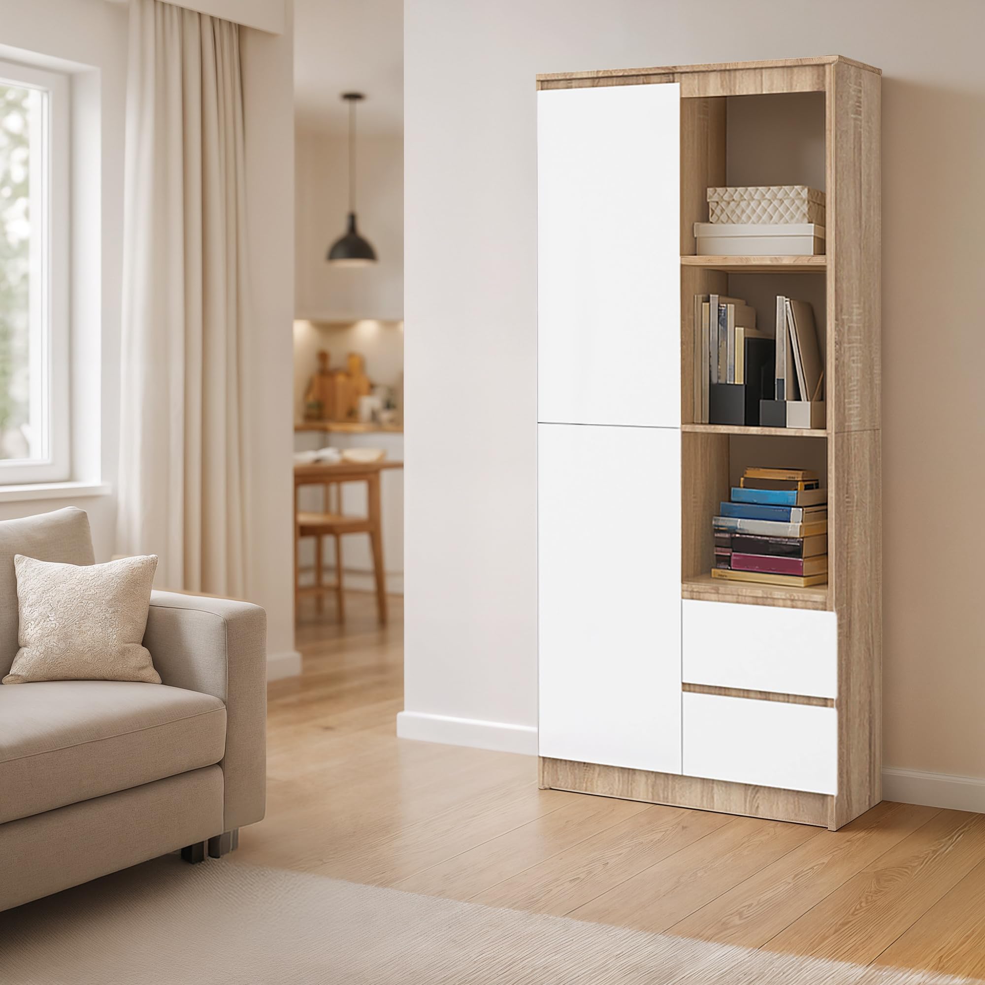 AKORD Büro-Bücherregal CLP 80 cm 7 Regale 2 Schubladen und Türen | für Dokumente Bücher für einen Schlafzimmerschrank Bücherregale Laminierte Platte 16 mm | Sonoma Eiche & Weiß Front