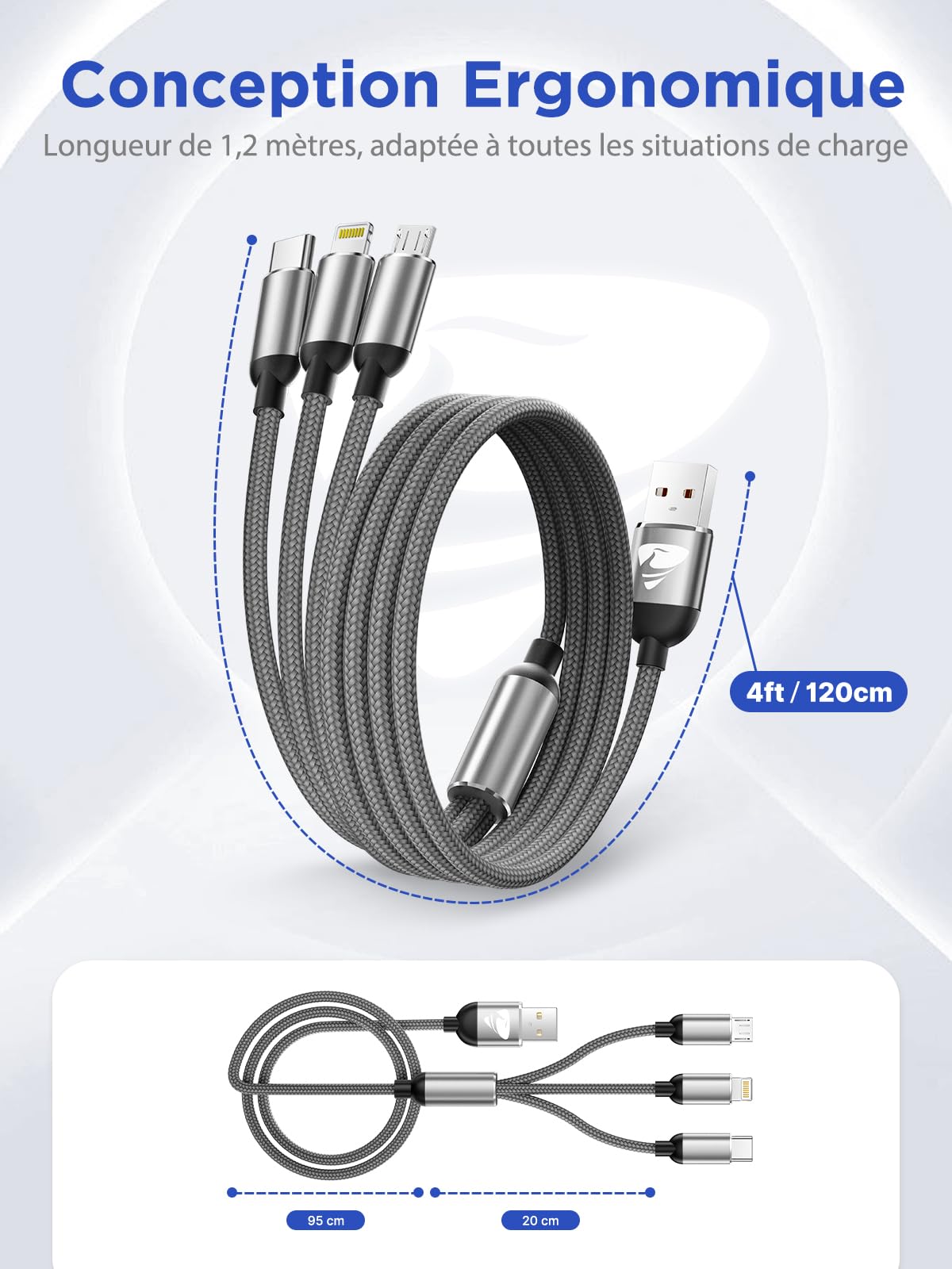 Câble Multi USB 3 en 1 Universel Rapide 1.2M Nylon Tressé Micro USB Type C Lightning pour iPhone Samsung Huawei