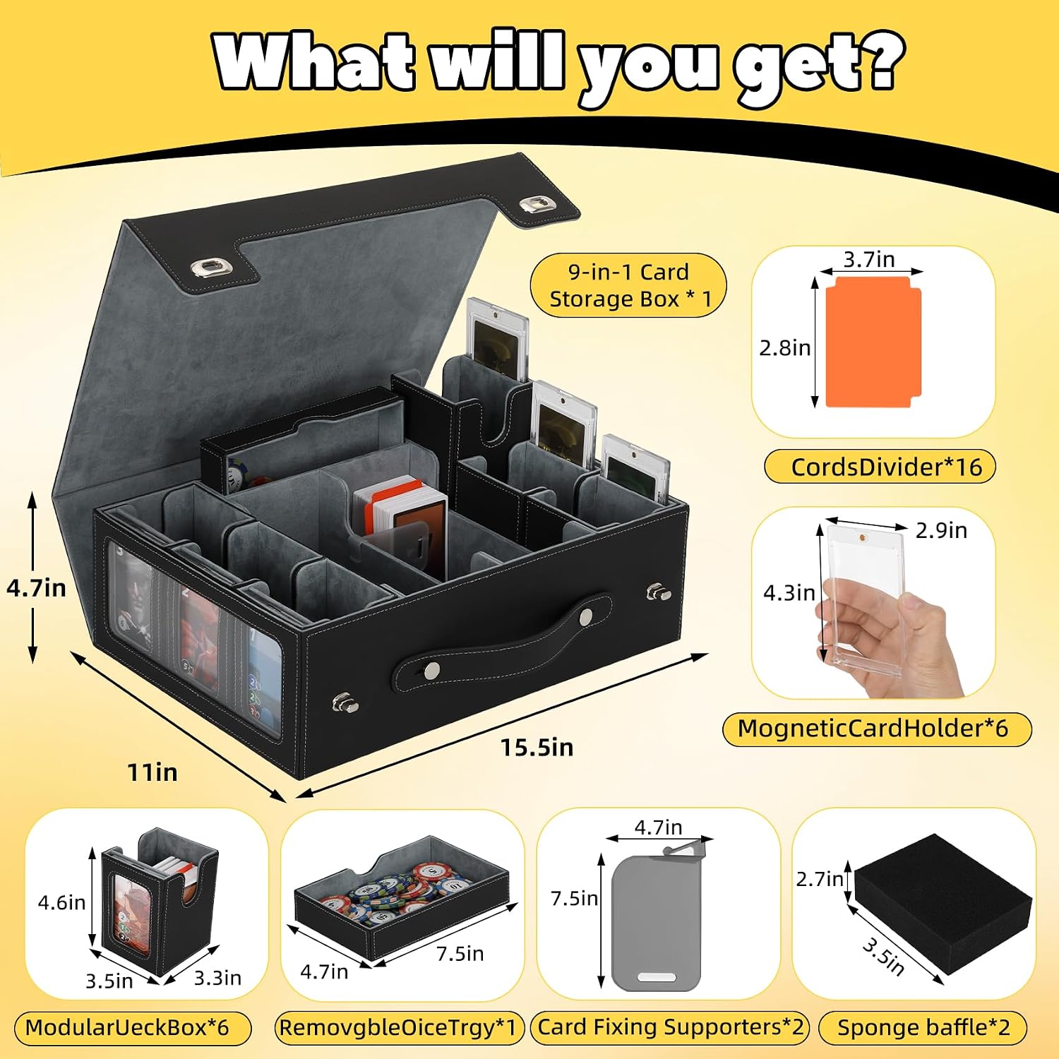 Commander Deck Box for MTG, 9 IN 1 Trading Card Storage Box with 6 Removable Deck Modular, 2-Row Deck Case and 1 Dice Trays, Holds 1400+ Double-Sleeved Cards,Latch Design for TCG/EDH, Black Grey