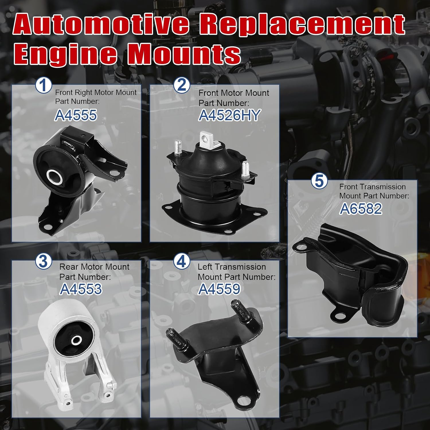 5Pcs Engine Motor Mount Compatible with Honda Odyssey EX/LX V6 3.5L 2005 2006 VTEC Transmission Mount Set, Replace A4526HY A4555 A4553 A6582 A4559