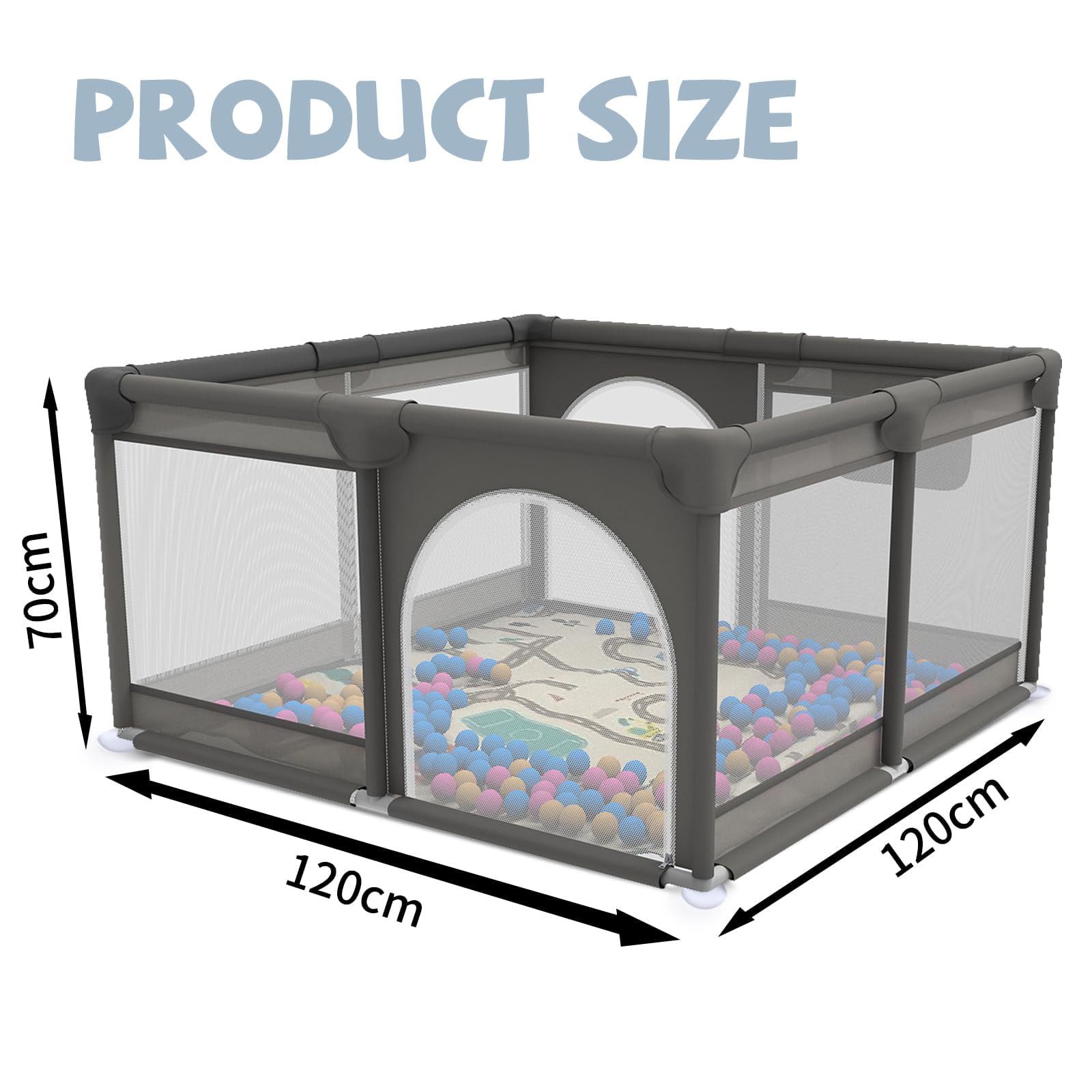 Laufstall Baby mit Matte, Laufgitter Baby mit Atmungsaktivem Netz und Reißverschluss für Wohnungen, Kleinkinder Laufstall mit 4 Saugnäpfen, Innen&Außen (120 * 120cm)