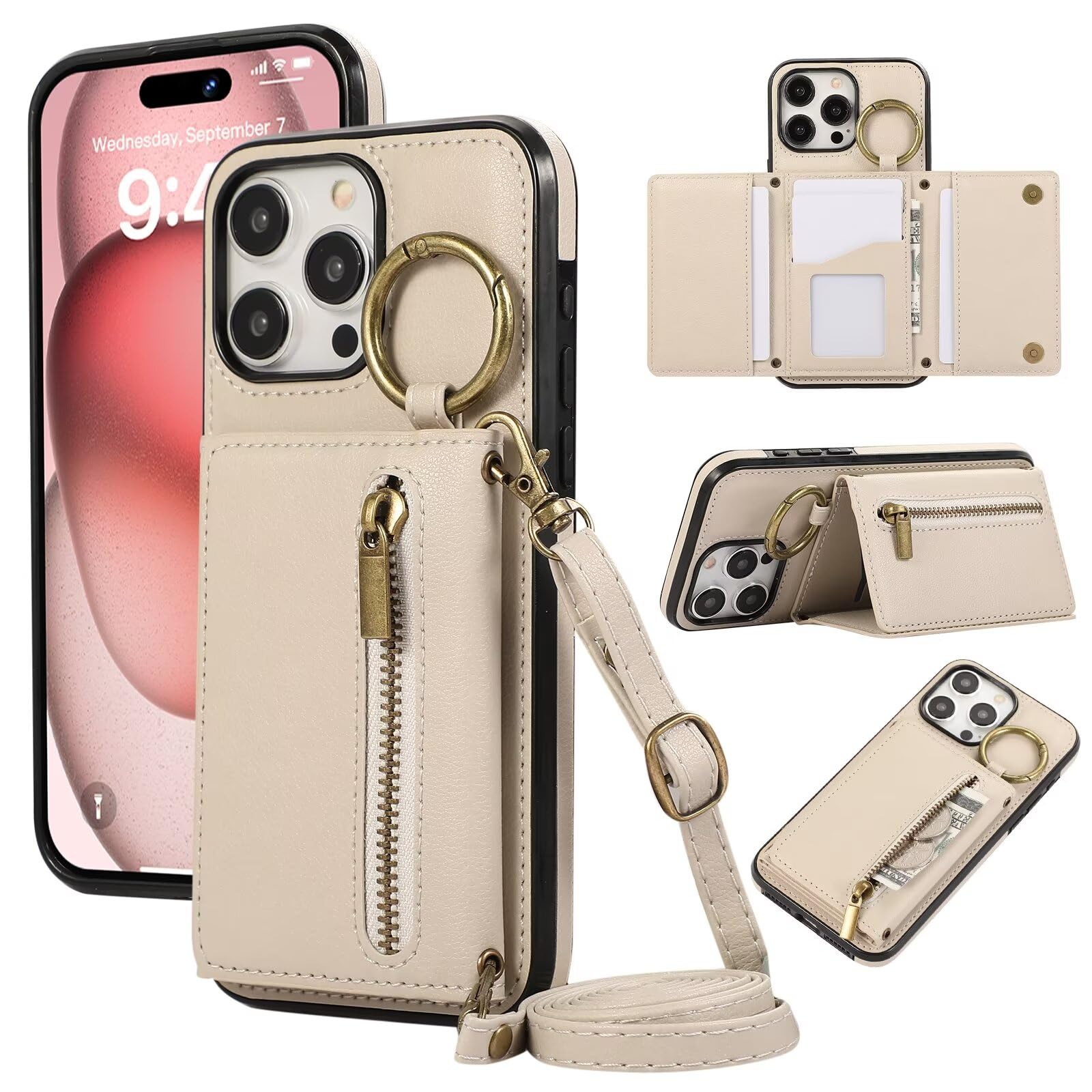 Coque Portefeuille IPhone 16 Avec Cordon Et Béquille - Étui Cuir PU Flip Magnétique Noir
