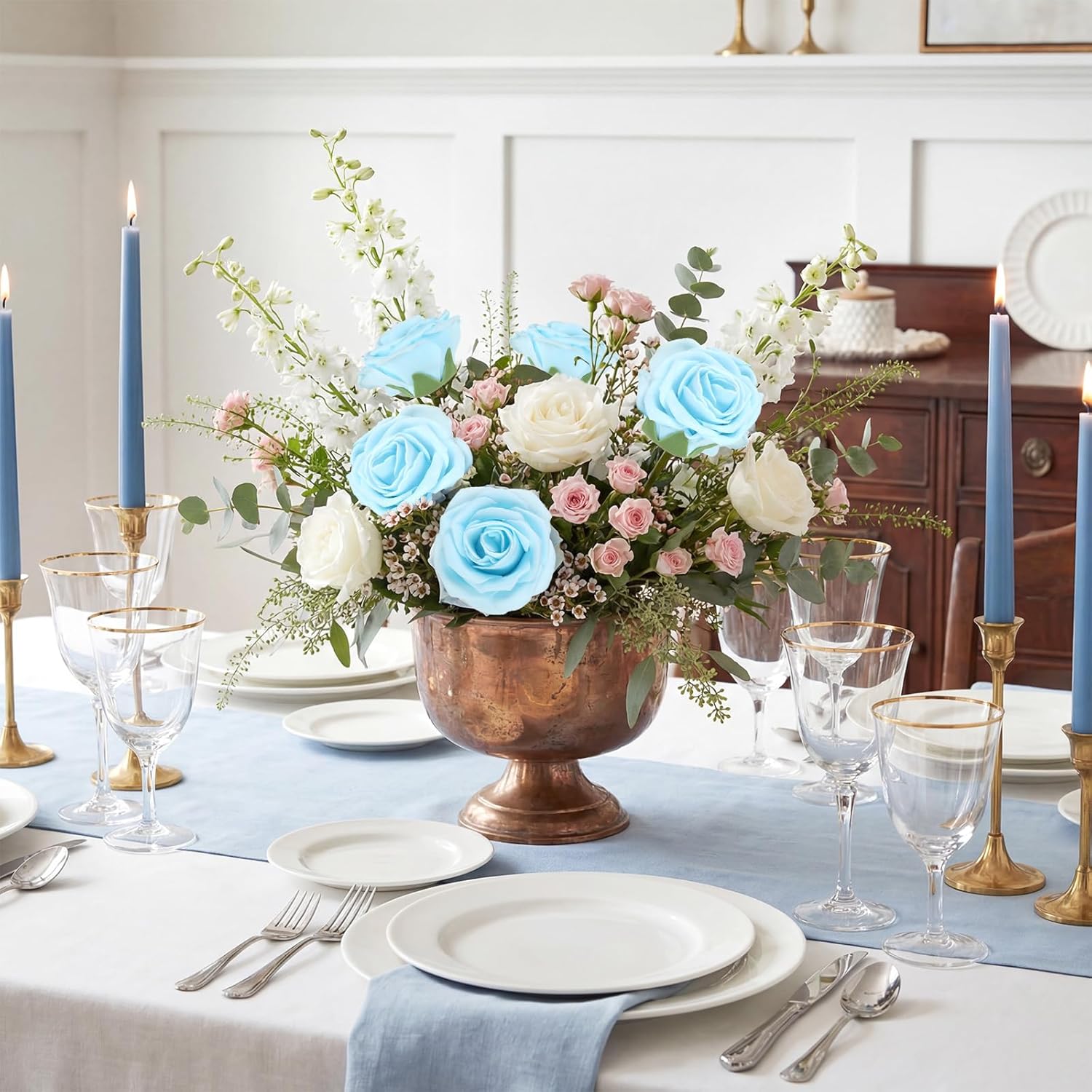 Baby Blue Roses 25 PCS Foam Flowers 3.15" Artificial Roses with Stems, Wrapping Paper, Butterfly Light Blue Foam Fake Roses for Valentines, Anniversary,Mother's Day Birthday Wedding