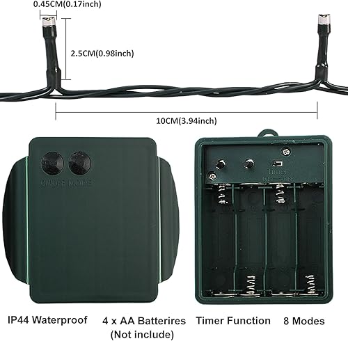 Miniatura 5 de Guirnalda de 100 luces LED de Navidad de 33 pies, funciona con pilas, 8 modos de iluminación, impermeable, con temporizador para interiorexterior,