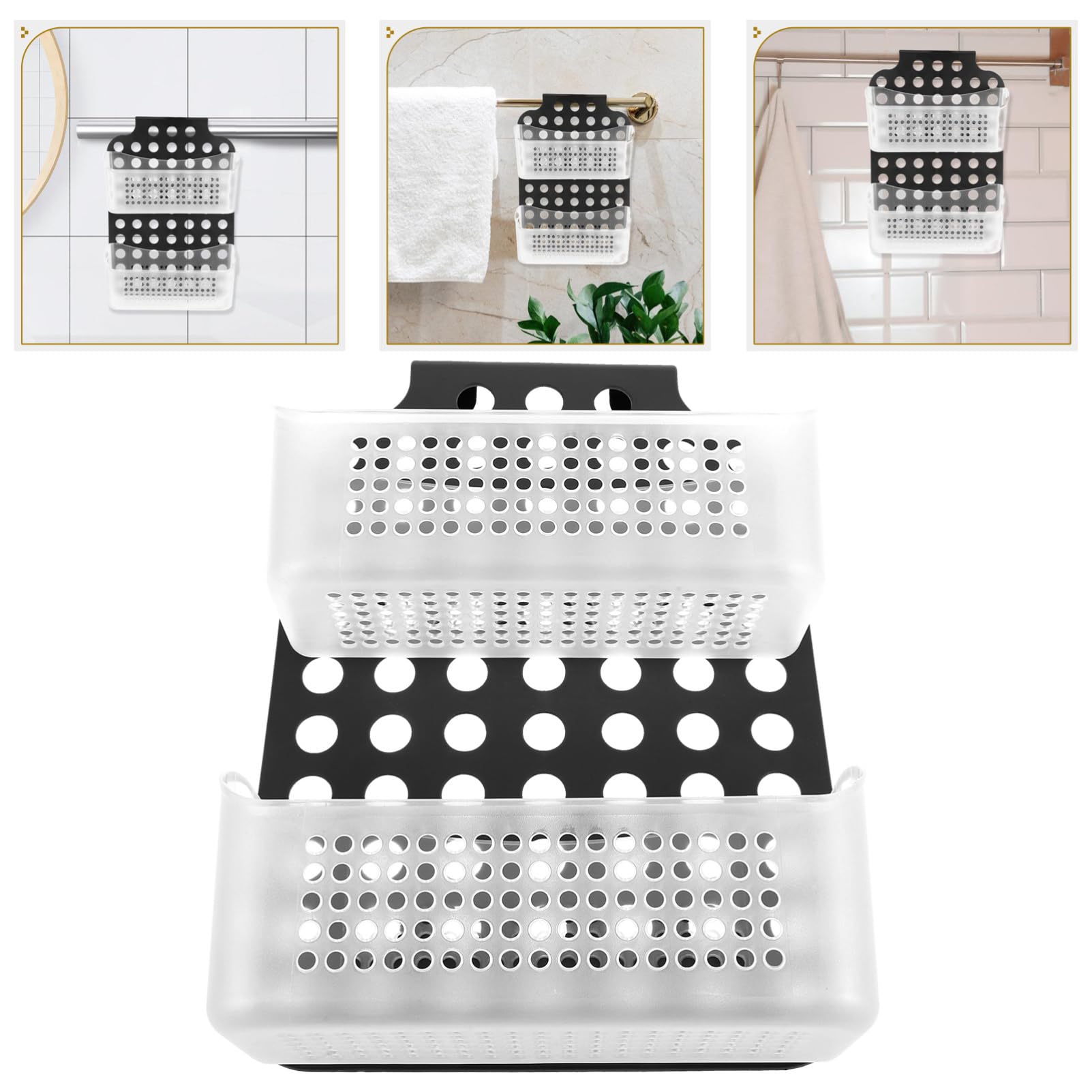 Cestino Doccia Appeso a Doppio Strato in Pp Nero, senza Foratura | Ganci Multifunzione Integrati, Design Semplice e Moderno, Soluzione Pratica per Bagno e Toilette