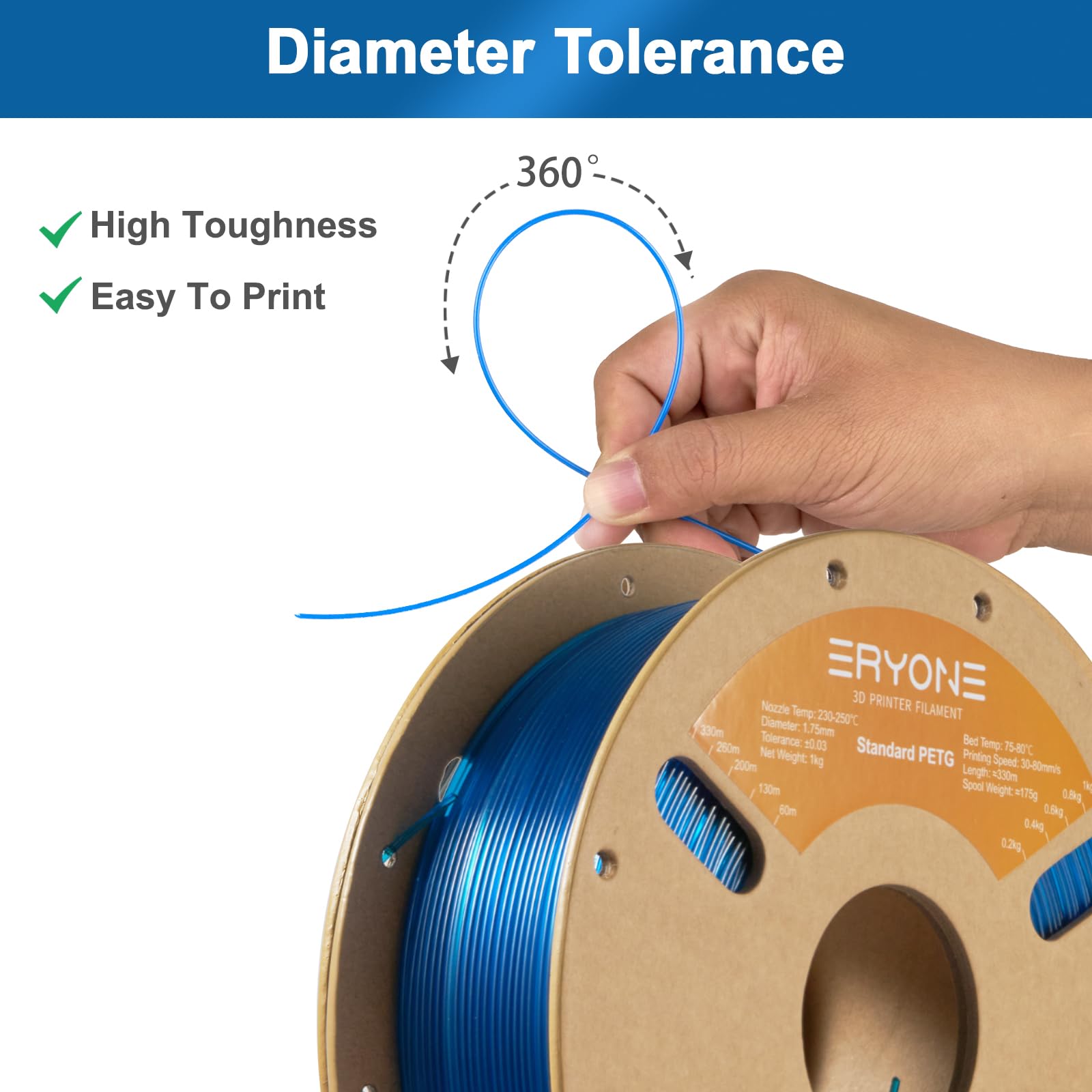 ERYONE PETG Filament 1.75mm, Filament PETG for 3D Printer 1KG, +/-0.03mm, Transparent Blue