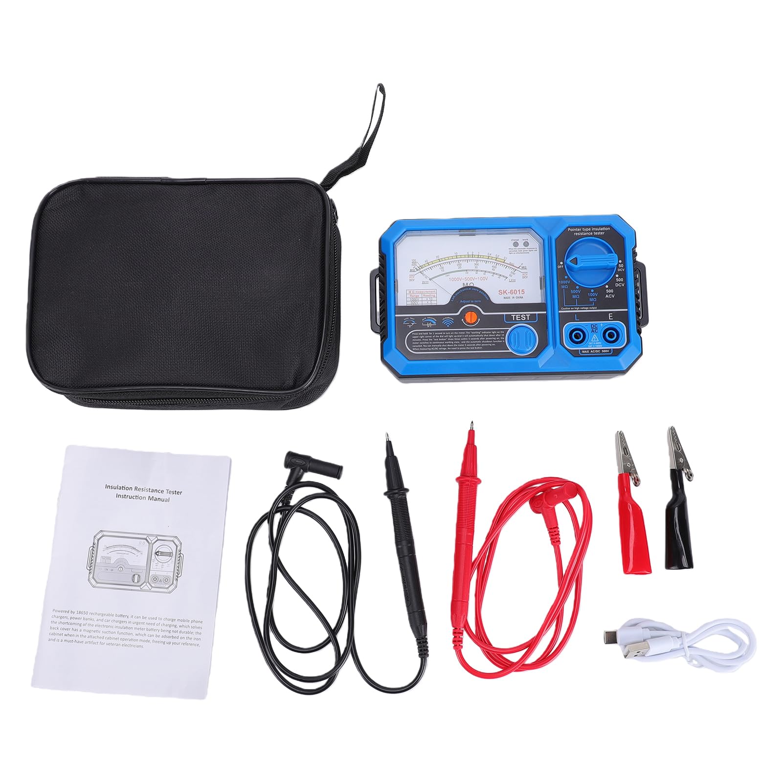 Karlak Tester di Resistenza di Isolamento Analogico Misuratore Tensione Tester Elettrico Puntatore Tipo 100 V 500 V 1000 USB C Ricarica Ampio Quadrante Retroilluminato Allarm (SK-6015)