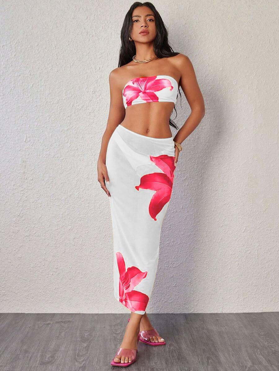 ZAFUL Womens 3pcs Bikini Swimsuits Bandeau 3 Piece Swimwear High Cut Bikini Sets with Long Sheer Coverup Dress - Image 2