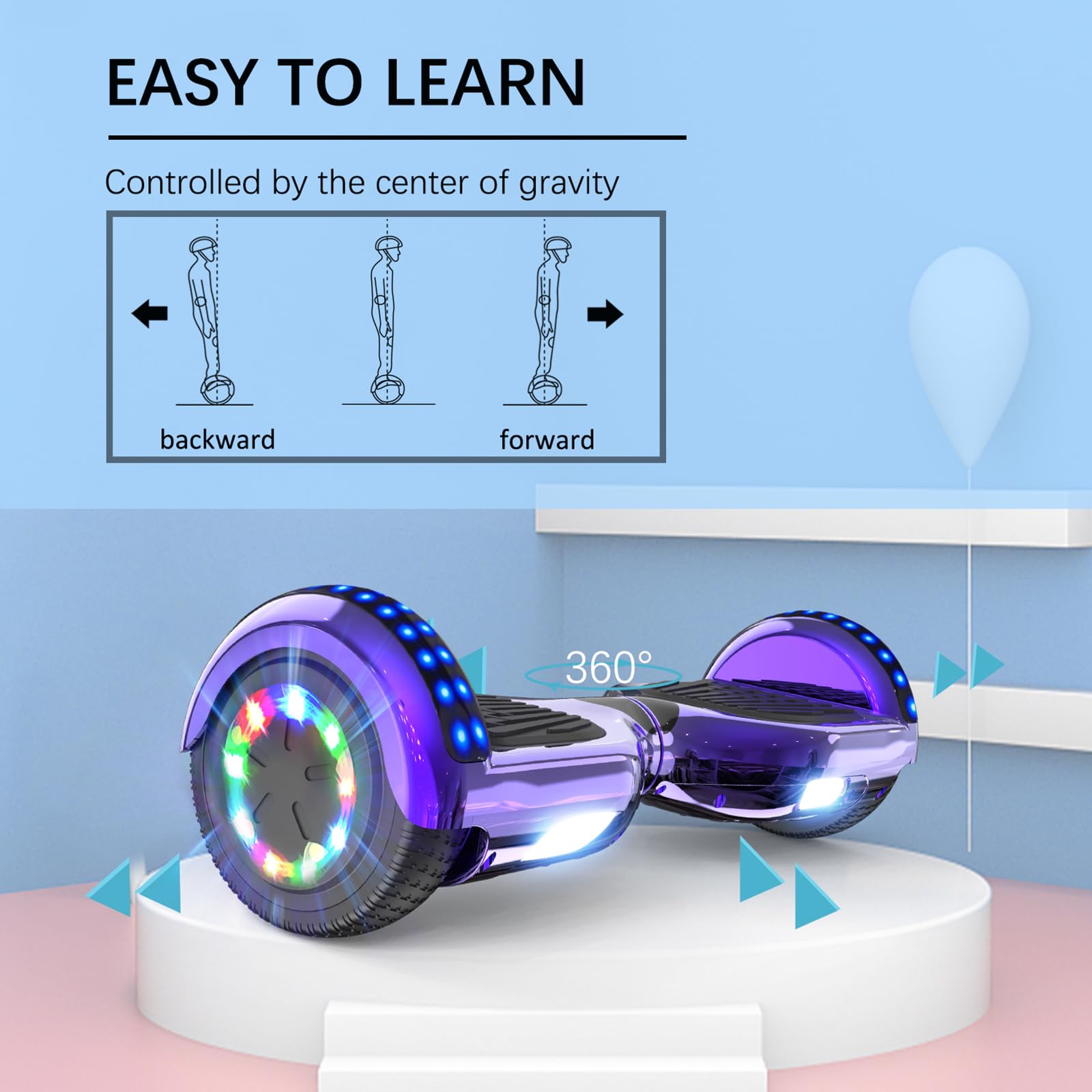 RCB Hoverboard dla dzieci i dorosłych, 6,5", segwayi z Bluetooth, głośnik, kolorowe światła LED, prezent dla dzieci i nastolatków