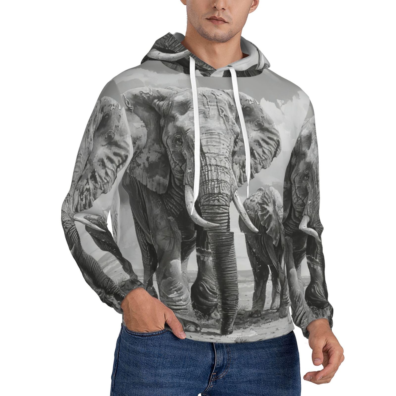 Old Elephant And Young Elephant Print Men'S Casual Hoodie Pullover, Thin Fleece Long Sleeve Loose Hooded Sweatshirt With Pocket And Comfortable Drawstring For Workout Black