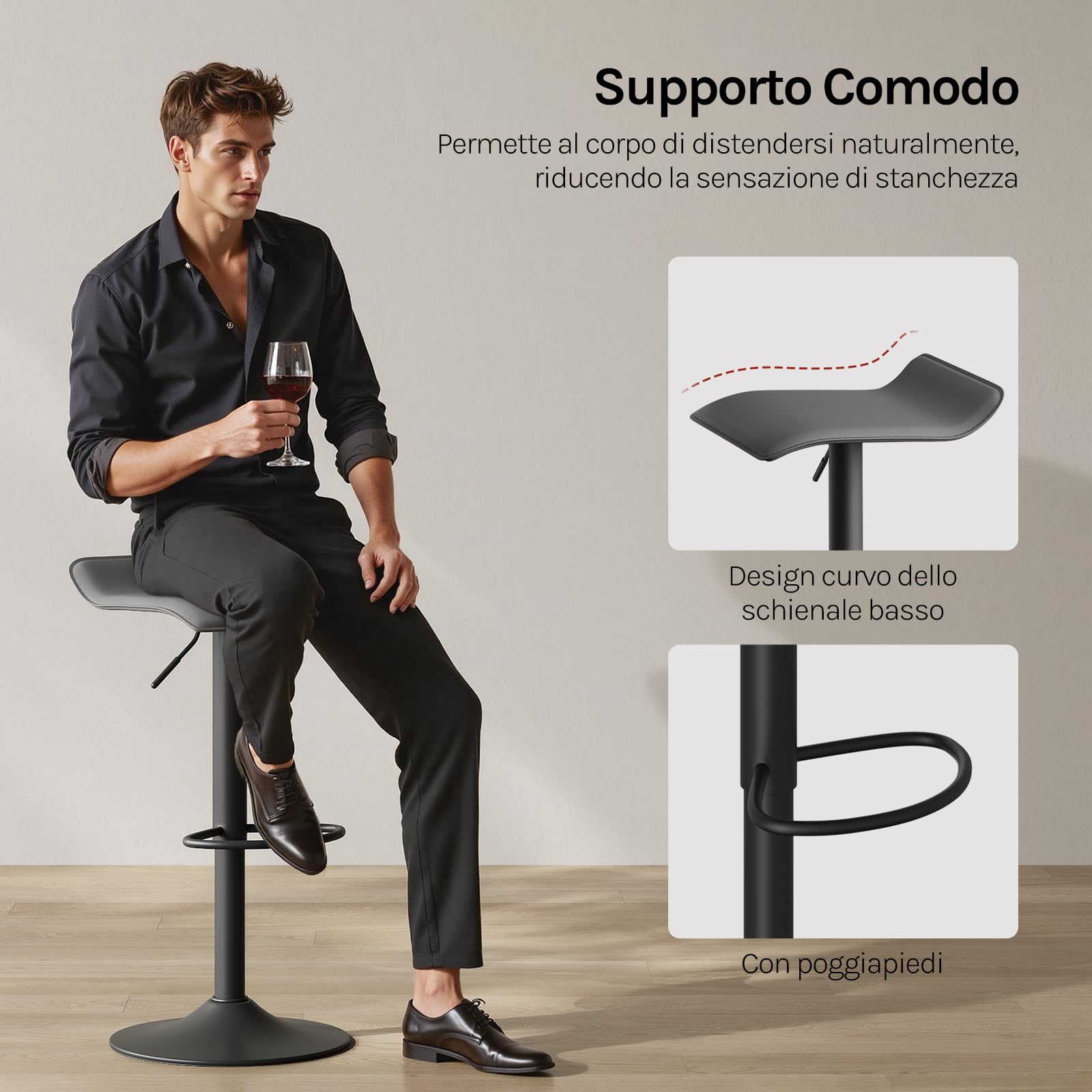 WOLTU Sgabello Cucina, Regolabile in Altezza, PVC, Grigio | Sgabello da Bar Colazione, con Poggiapiedi, Regolabile in Altezza, Sgabelli Girevole, per Cucina Caffè Banco, in Metallo