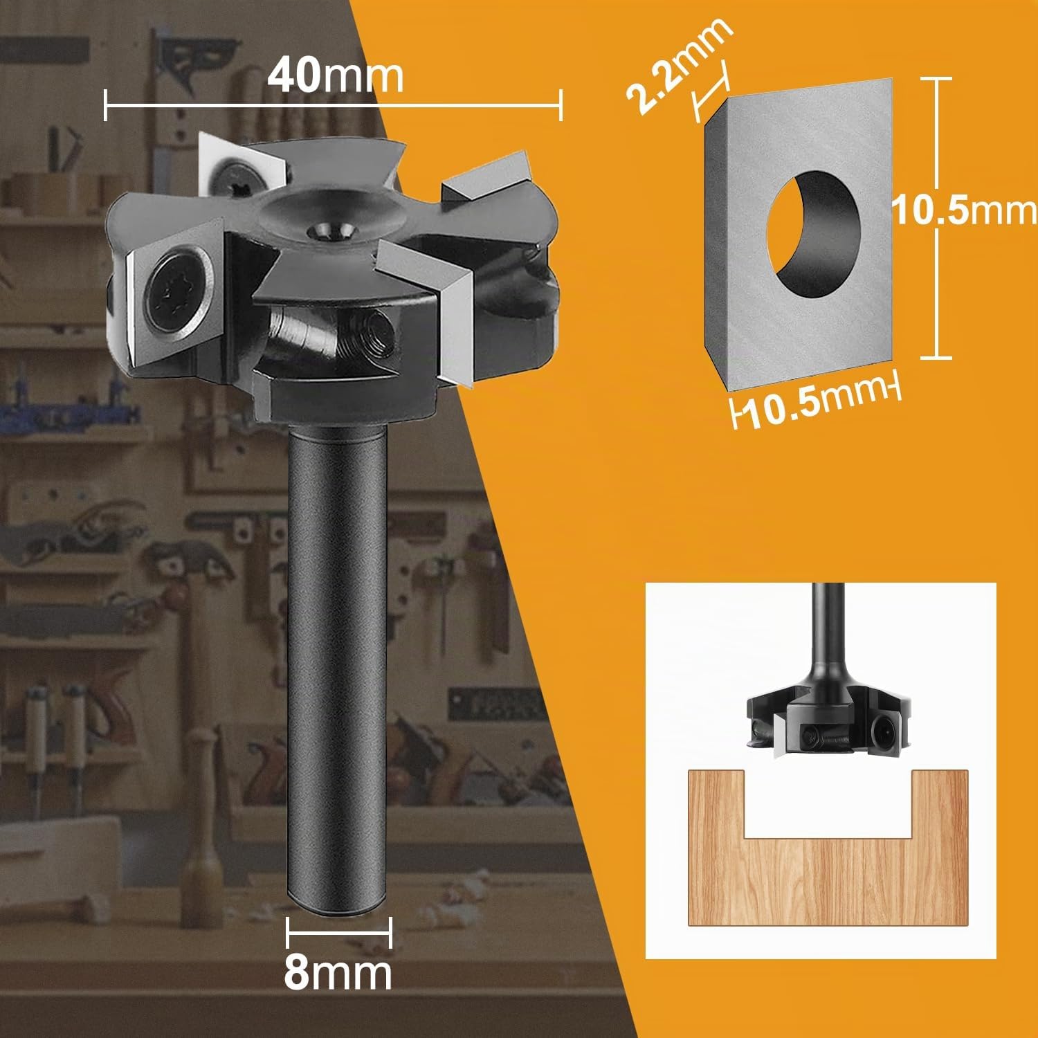 SpeTool Punta per fresa Spoilboard 8 mm, 40 mm, 4-ali, piallatura, lastre di legno