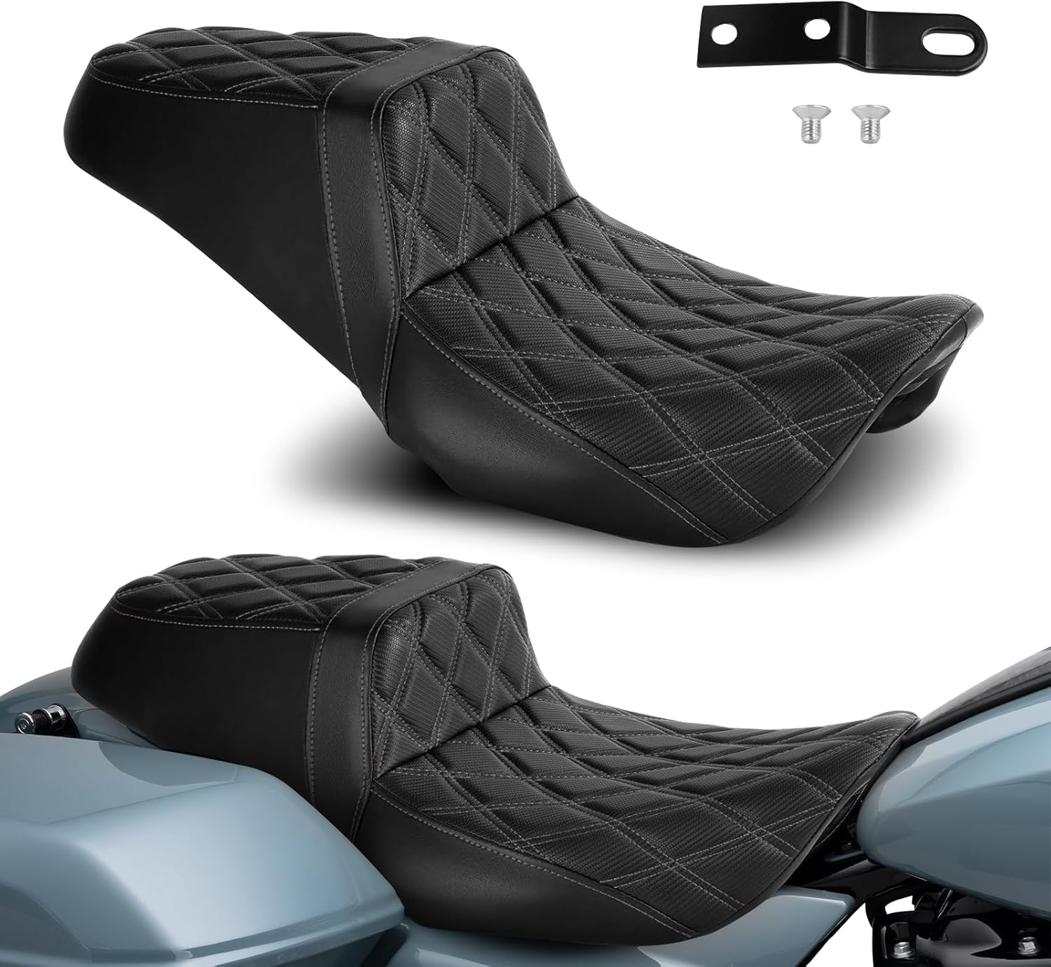 Black Stitch One-Piece Seat Driver & Passenger Seat 2-Up Fit For 2008-2025 2026 Harley Touring Road King Road Glide Electra Glide