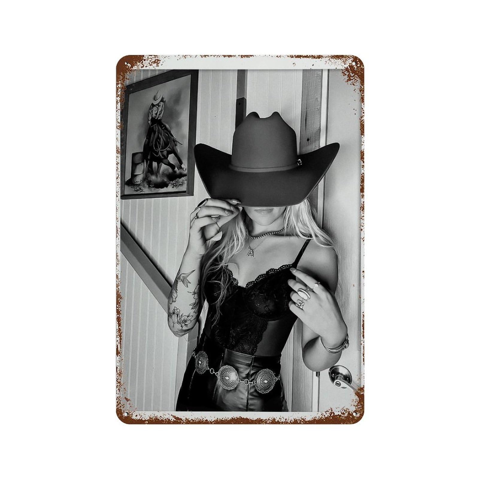 xiaoxiaoshen Wild West Cowgirl Black And White Western Fashion Wall Decor Art Metal Tin Poster Modern Home Decor Art Home Bar Shop Decorations Vintage Sign 30x20cm