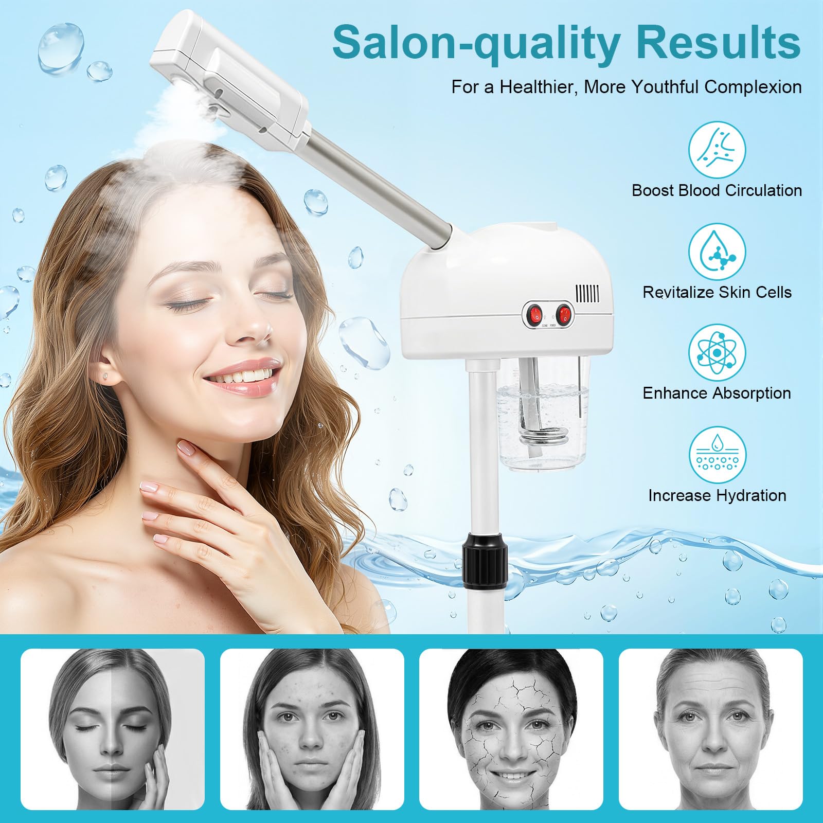 Vaporizador Facial Sauna Vapor de Ozono Profesional Doble Tubo Apagado Automático