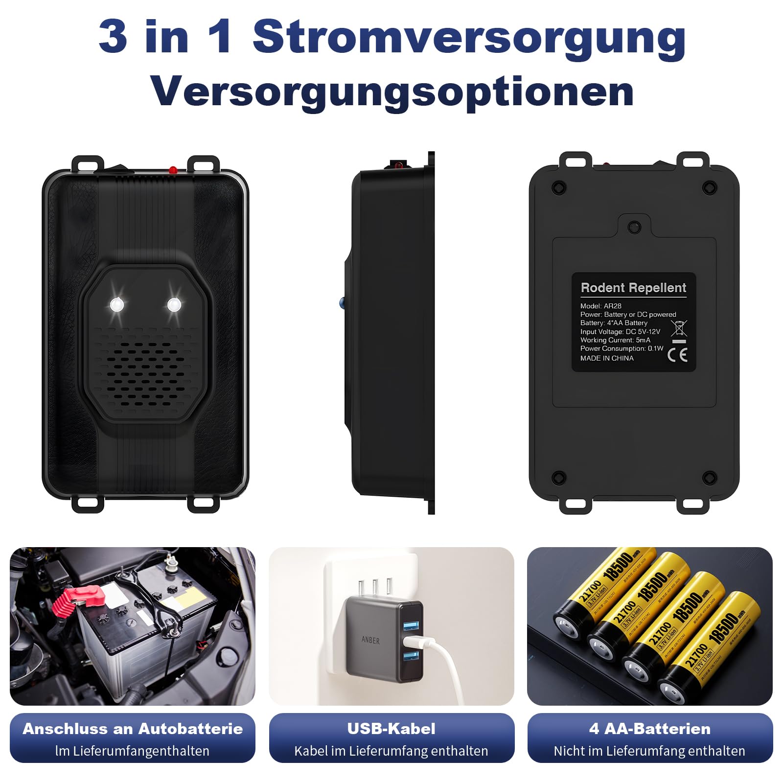 TEOV 2 stuks marterverjager met ultrasoon geluid en LED-flitslicht, toepasbaar op ca. 40-50m², flexibele stroomvoorziening, voor motorruimte, huis, tuin of zolder