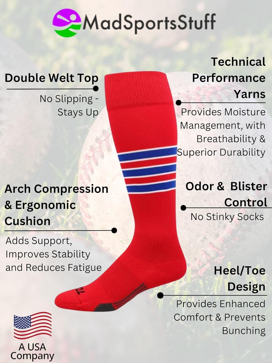MadSportsStuff Dugout Striped Baseball Socks | Youth & Adult Over the Calf | Made in the USA - Image 4
