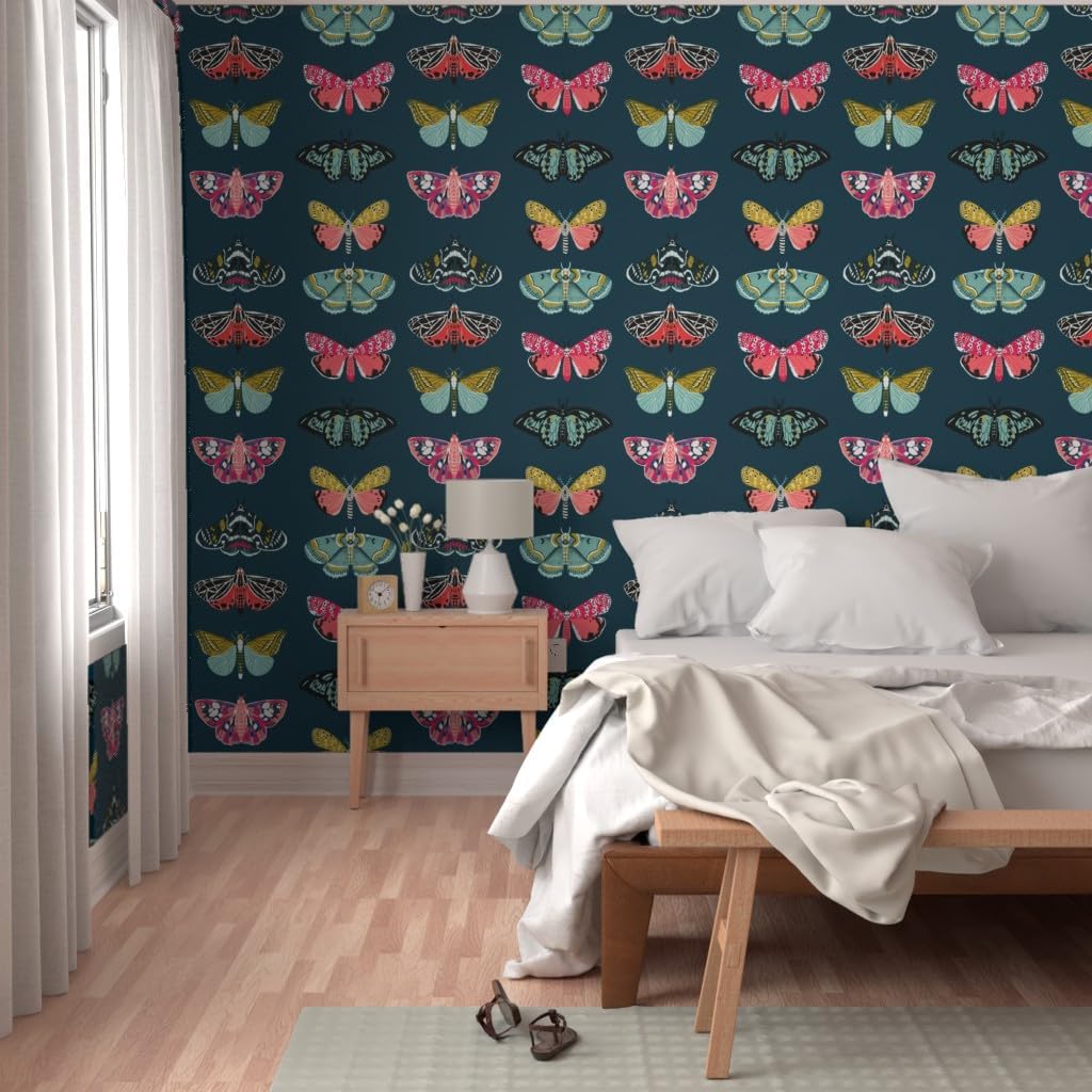 Spoonflower Peel & Stick Wallpaper 3ft x 2ft - Moths Moth Butterflies Butterfly Navy Botanical Nature Insect Bugs Custom Removable Wallpaper