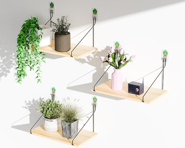 QsQueen Elevate Your Space with Rustic Wood Floating Shelves Set of 3- Perfect for Bedroom, Living Room, Bathroom, and Kitchen Decor - Easy Installation, No Drilling Needed! - Primary Color