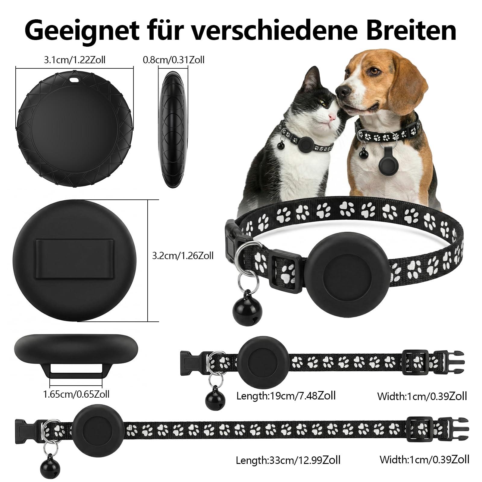 Katze GPS Tracker Kompatibel mit iOS ＆ Android, Katzen Halsband Tracker Ohne ABO, GPS-Tracker für Haustierhalsbänder, IPX6 Wasserdicht, Geeignet für Katzen, Hunde und andere kleine Haustiere - Schwarz