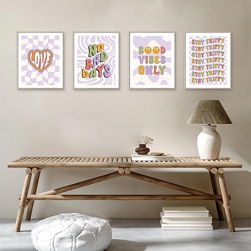 Miniatura 5 de YIXIHOMPT Arte de pared inspirador retro Groovy, juego de 4 impresiones psicodélicas estilo bohemio hippie vintage en tonos pastel de los años 70 y