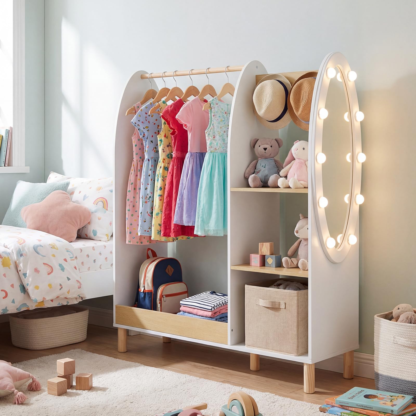 COSTWAY Penderie Enfant avec Miroir en Acrylique et 10 Ampoules LED, Portant à Vêtements Enfant en Bois Massif avec 3 Étagères et 3 Crochets et Tringle, Armoire Montessori, 91x28x110 cm