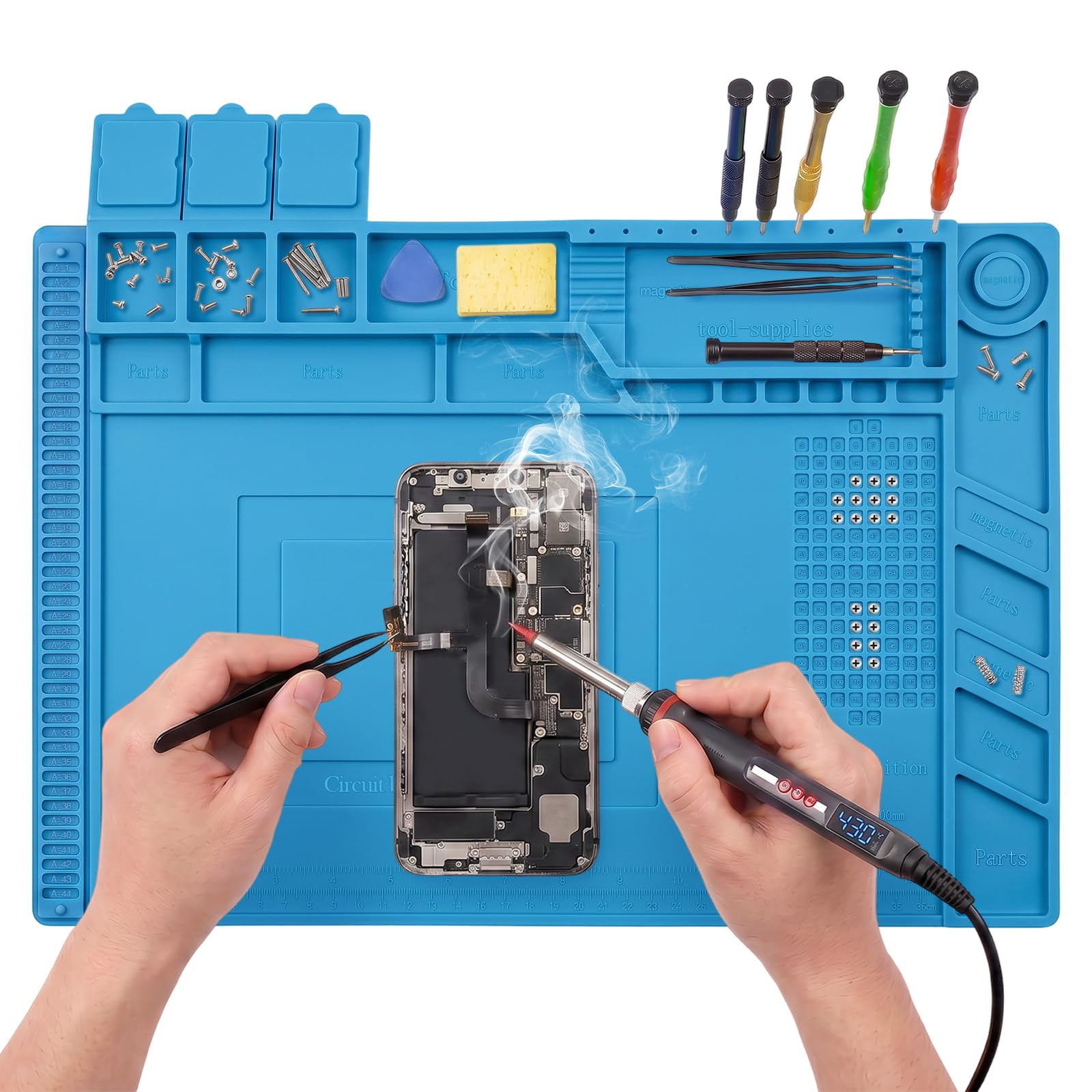 aghoer Soldering Mat Silicone Heat-resistant: Heatproof up to 500°C - Anxiety Workbench Getting Burns Decreased by 95% - Antistatic Coating - Reduces Static Damage by 20% During Phone Repair - 45x30cm
