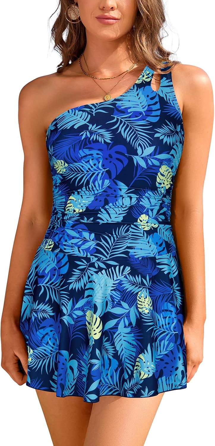 SHEKINI Swim Dress Women One Shoulder Swimsuit Tummy Control Swim Dress for Women Swimwear