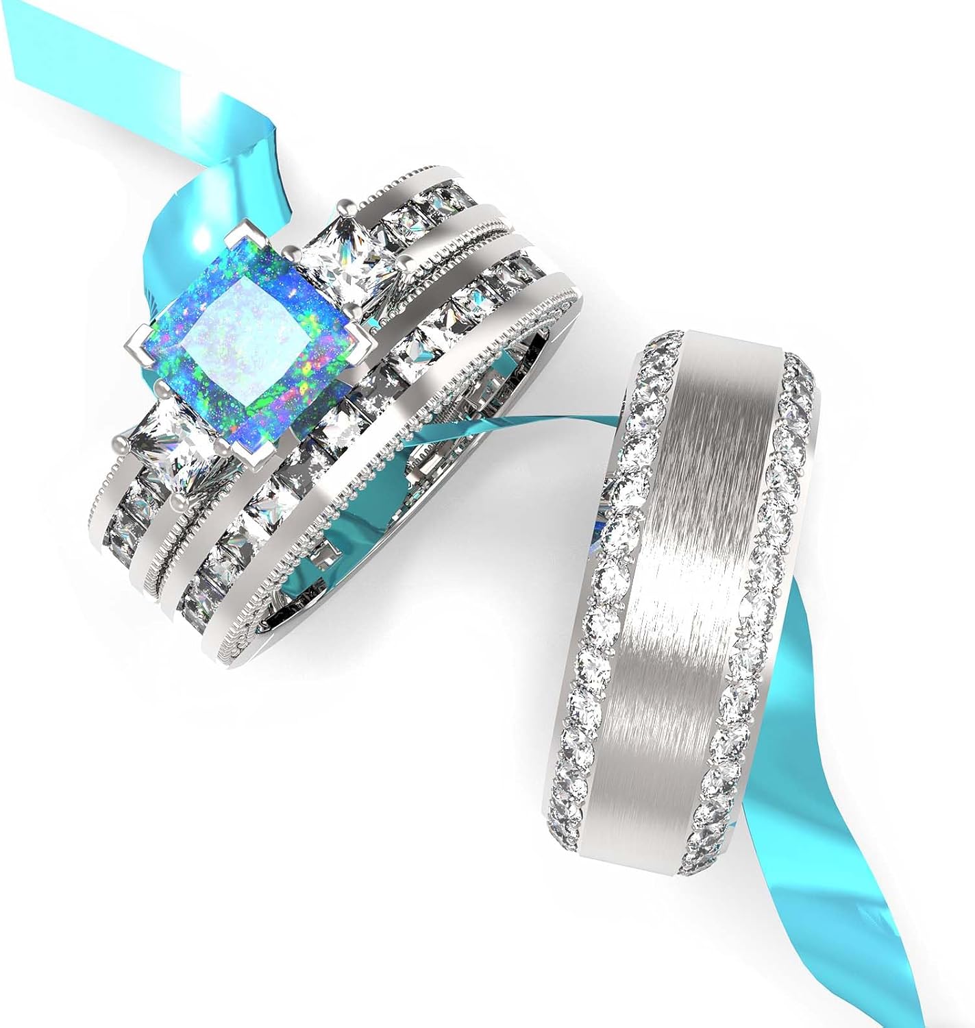 Couple Ring Bridal Set His And Hers Women 925 Sterling Silver Square Cut Moissanite Ring Set Men Titanium Band Wedding Ring Band Set With Jewelry Box