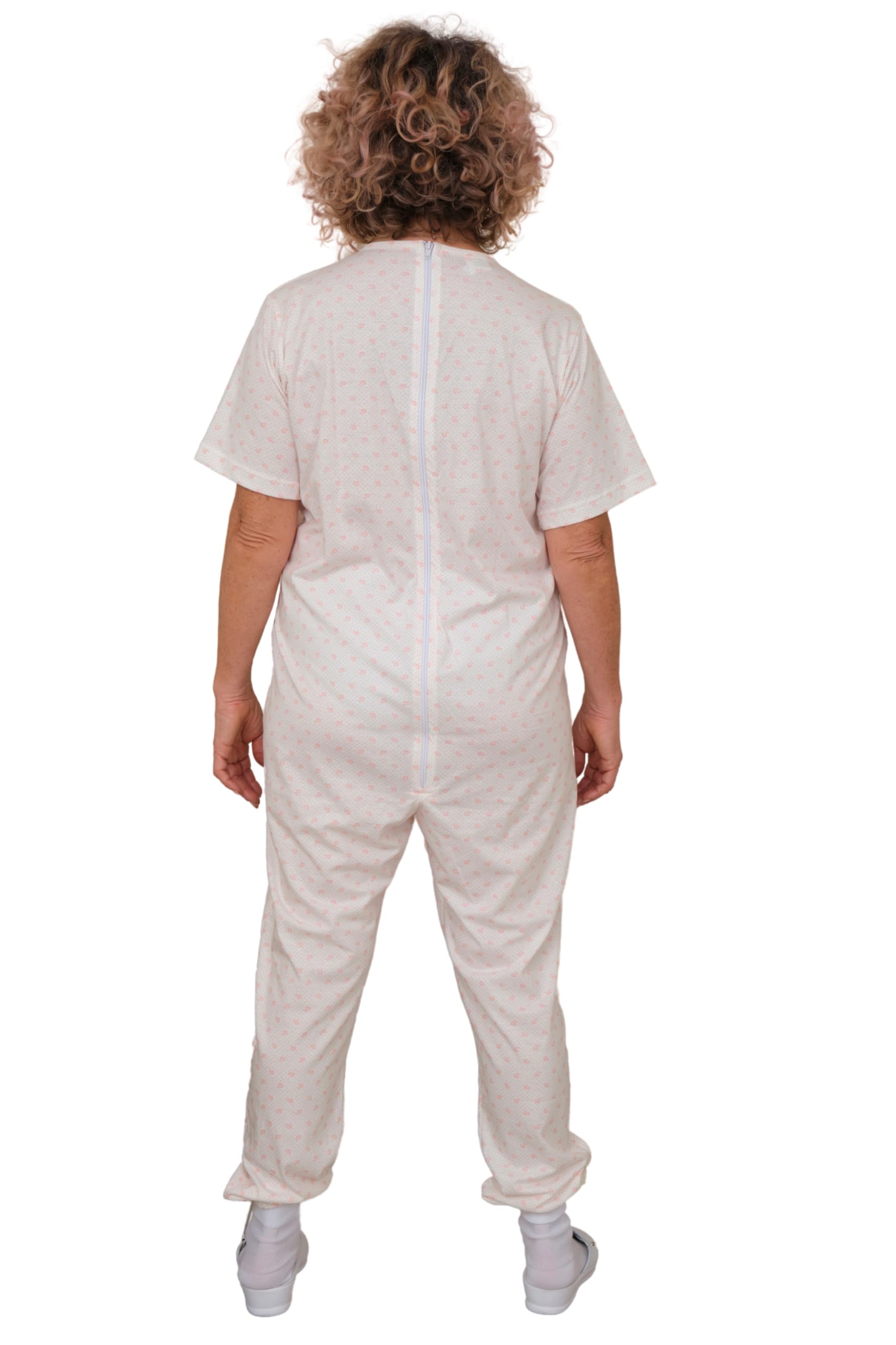 Pijama sanitario con cremallera en el lomo, mono entero 100% algodón, manga corta, pantalón largo - 9012/3 - para estaciones intermedias, tejido ligero, para ancianos, Alzheimer, incontinencia