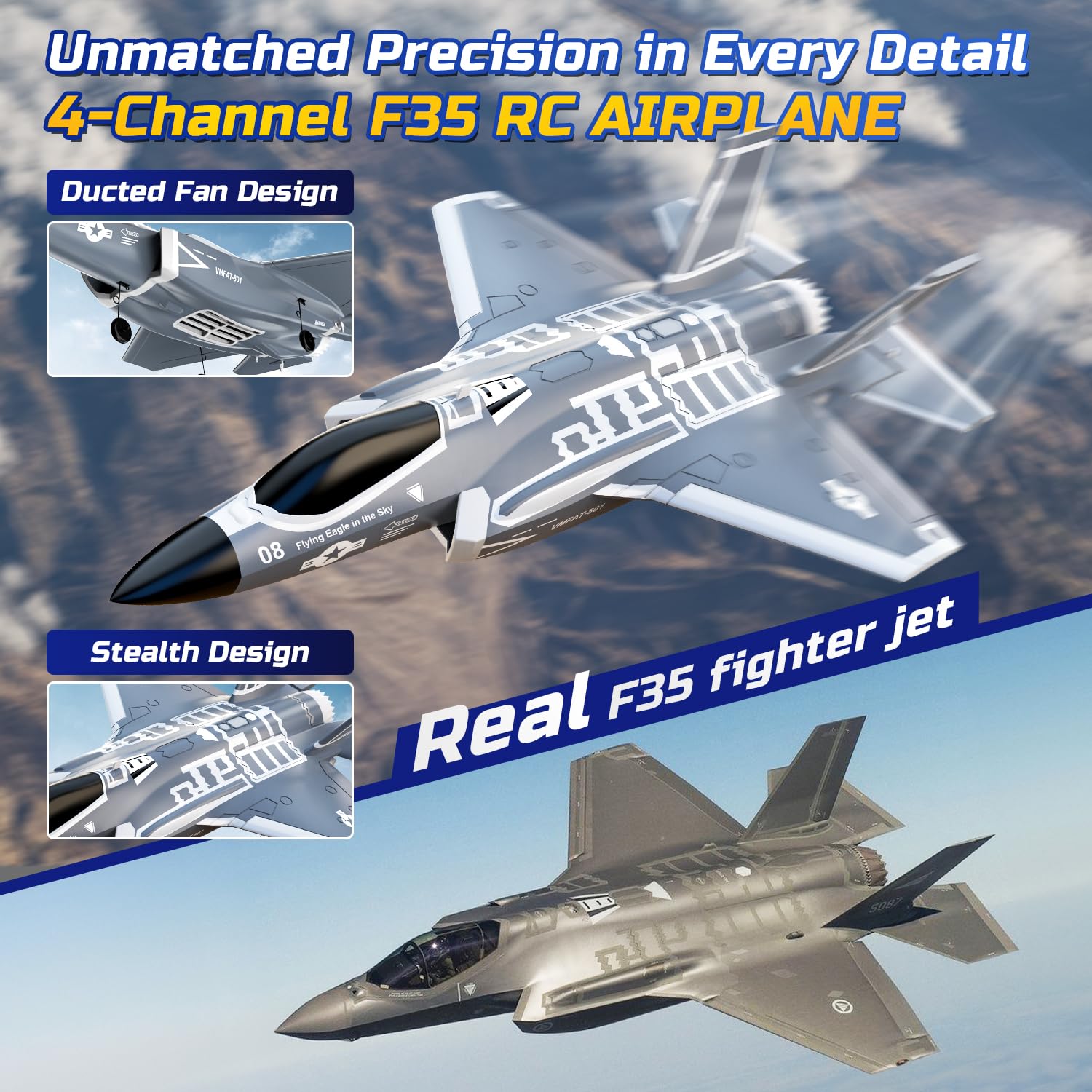 DEERC F35 Avion Teledirigido sin escobillas de 4 Canales Adulto, Avión RC de Control Remoto EDF, avión de Combate, estabilizador giroscópico de 6 Ejes de 2,4 GHz, Planeador EPP RTF, avión de Juguete