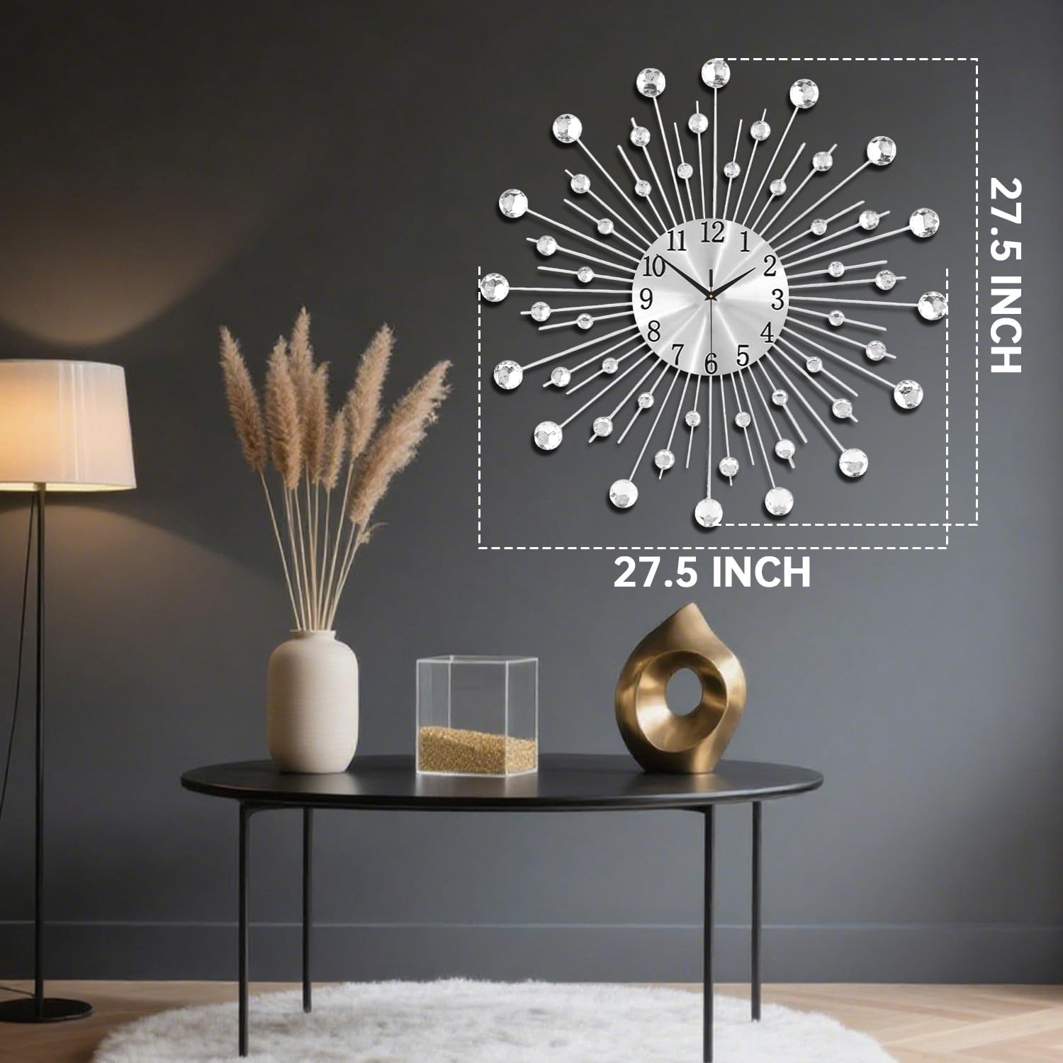 SIN&MI Large Wall Clock for Living Room Decor Non-Ticking Quiet Metal Quartz Clocks Modern Dial Bling Big Crystal Wall Clocks for Home Kitchen Bedroom Indoor Decorative/ 27.5 Inch