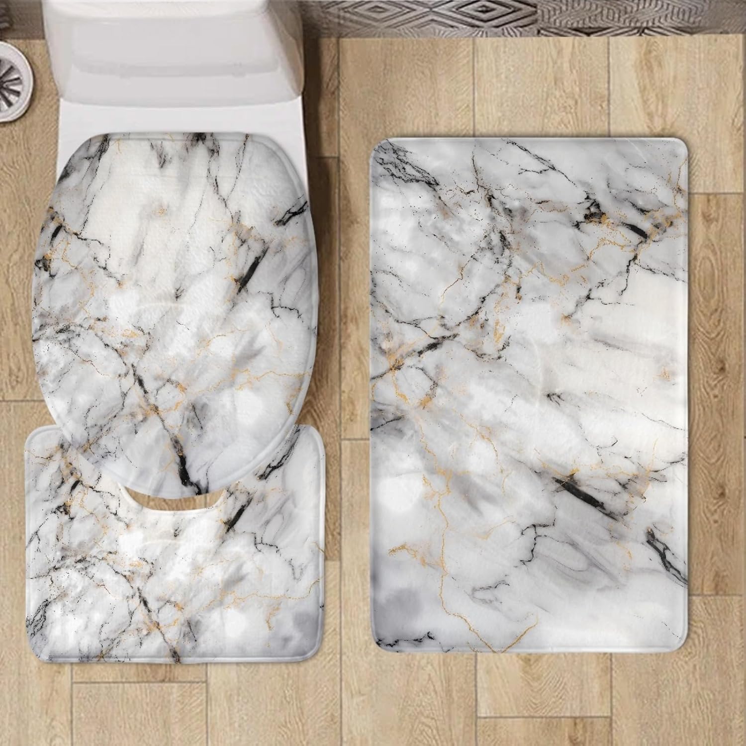 UNICEU Grey White Marble 3 Piece Bathroom Rug Set Includes Bath Rug, Contour Mat and Toilet Lid Cover, Machine Washable, Super Soft Microfiber & Non Slip Bath Rugs with Rubber Backing