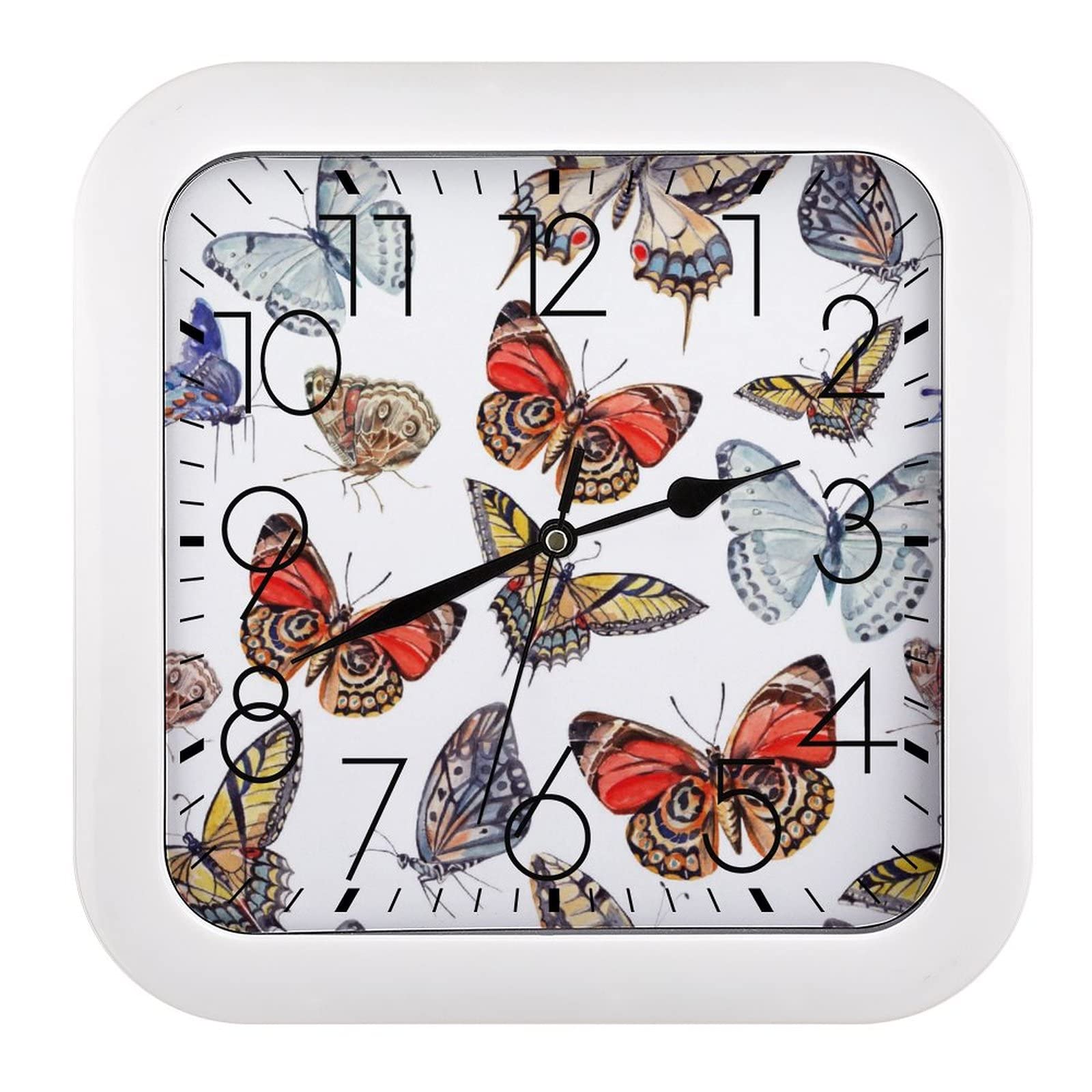 Horloge murale carrée papillons 26x26cm avec grands chiffres pour cuisine et salon