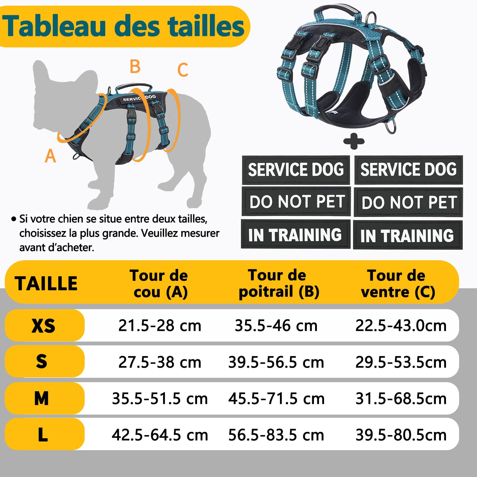 Huntboo Harnais Chien d’Assistance avec 6 Écussons, Harnais Anti Traction pour Chien avec Poignée, Harnais Anti Fugue Chien, Réfléchissant et Réglable, pour Dressage et Promenade (Bleu Sarcelle,L)