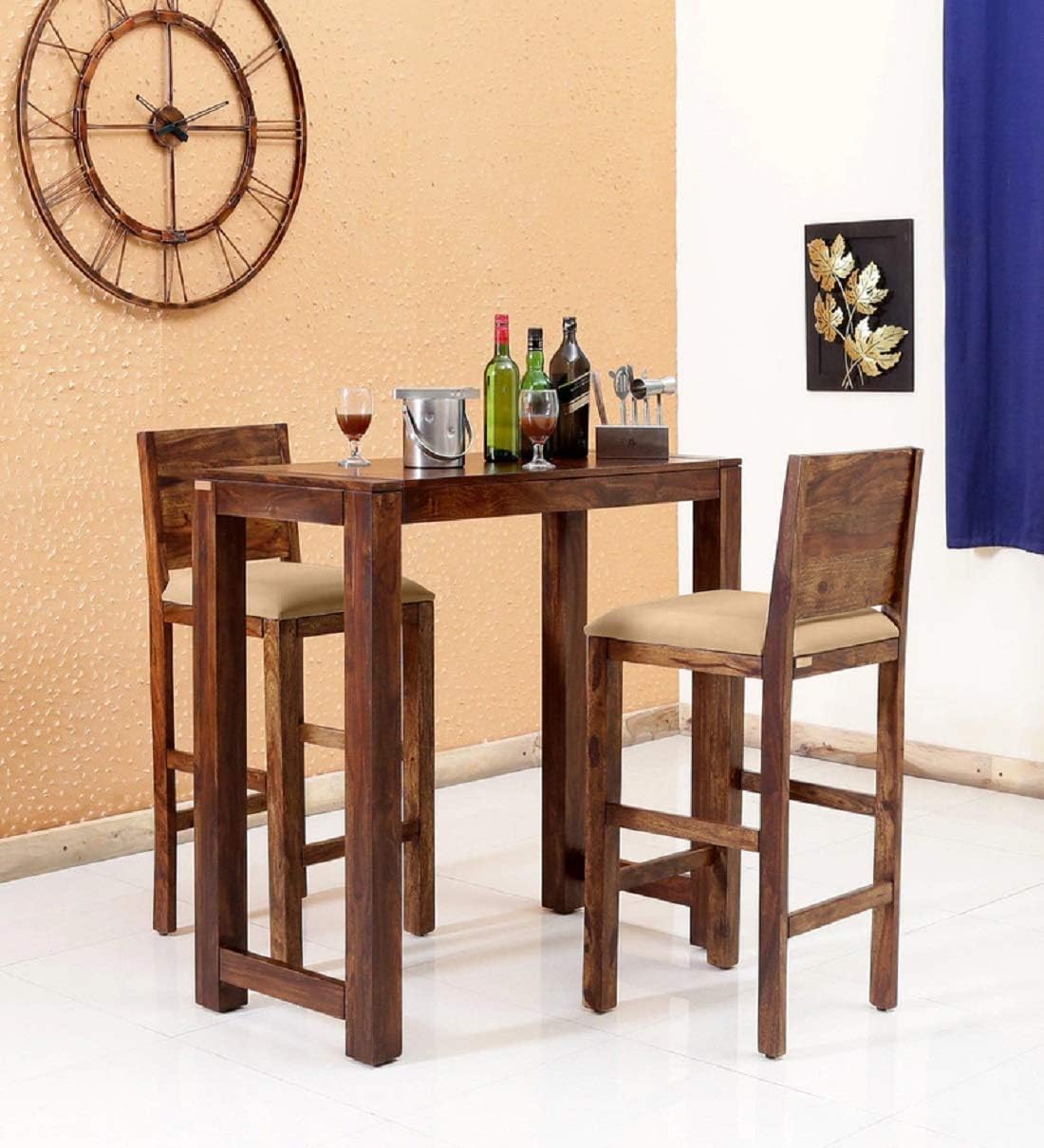 Solid Sheesham Wood Bar Dining Table 2 Seater Set | Wooden 2 Seater Bar Table with Bar 2 Chairs Home, Living Room, Diningroom Furniture | Teak