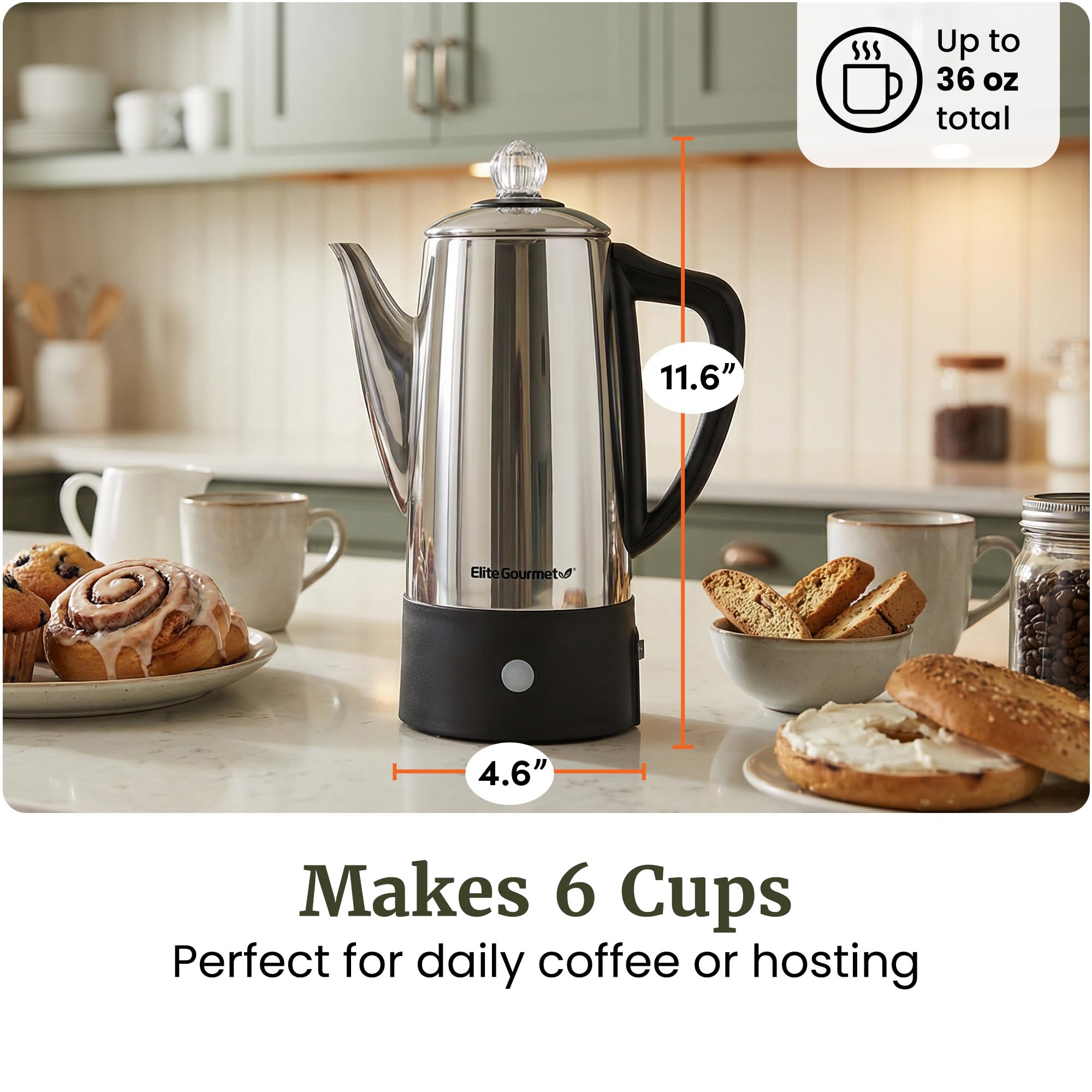 Elite Gourmet EC140 - Percolatore elettrico per caffè da 6 tazze con manopola per mantenere il caldo, manopola di avanzamento della birra trasparente, maniglia Cool-Touch, servizio senza cavo, in