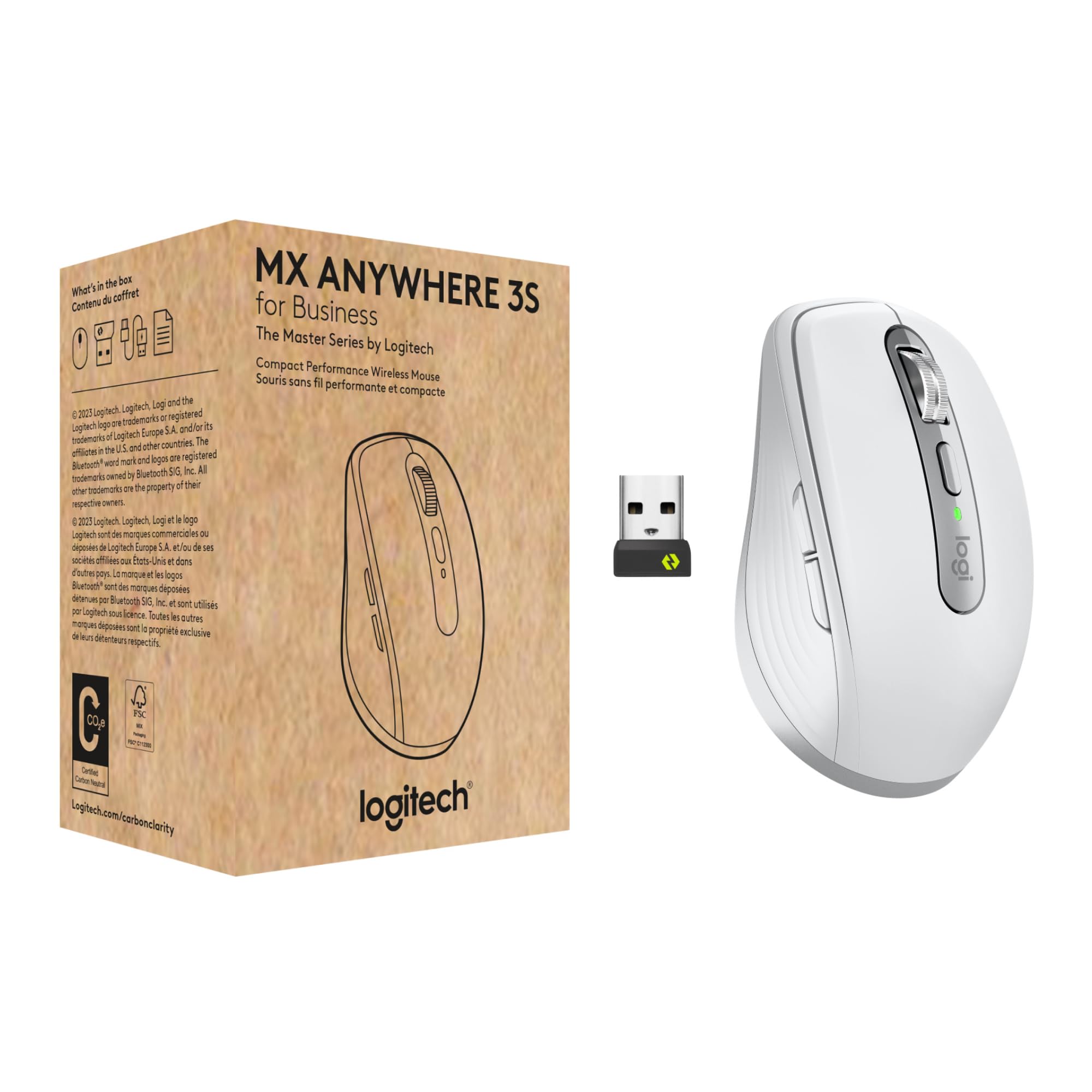 Logitech MX Anywhere 3S Kompaktowa Bezprzewodowa Myszka Mysz, Szybkie Przewijanie, 8K DPI, działa wszędzie, Quiet Clicks, Przyciski, USB C, Bluetooth, Windows PC, Linux, Chrome, Mac - Jasnoszary
