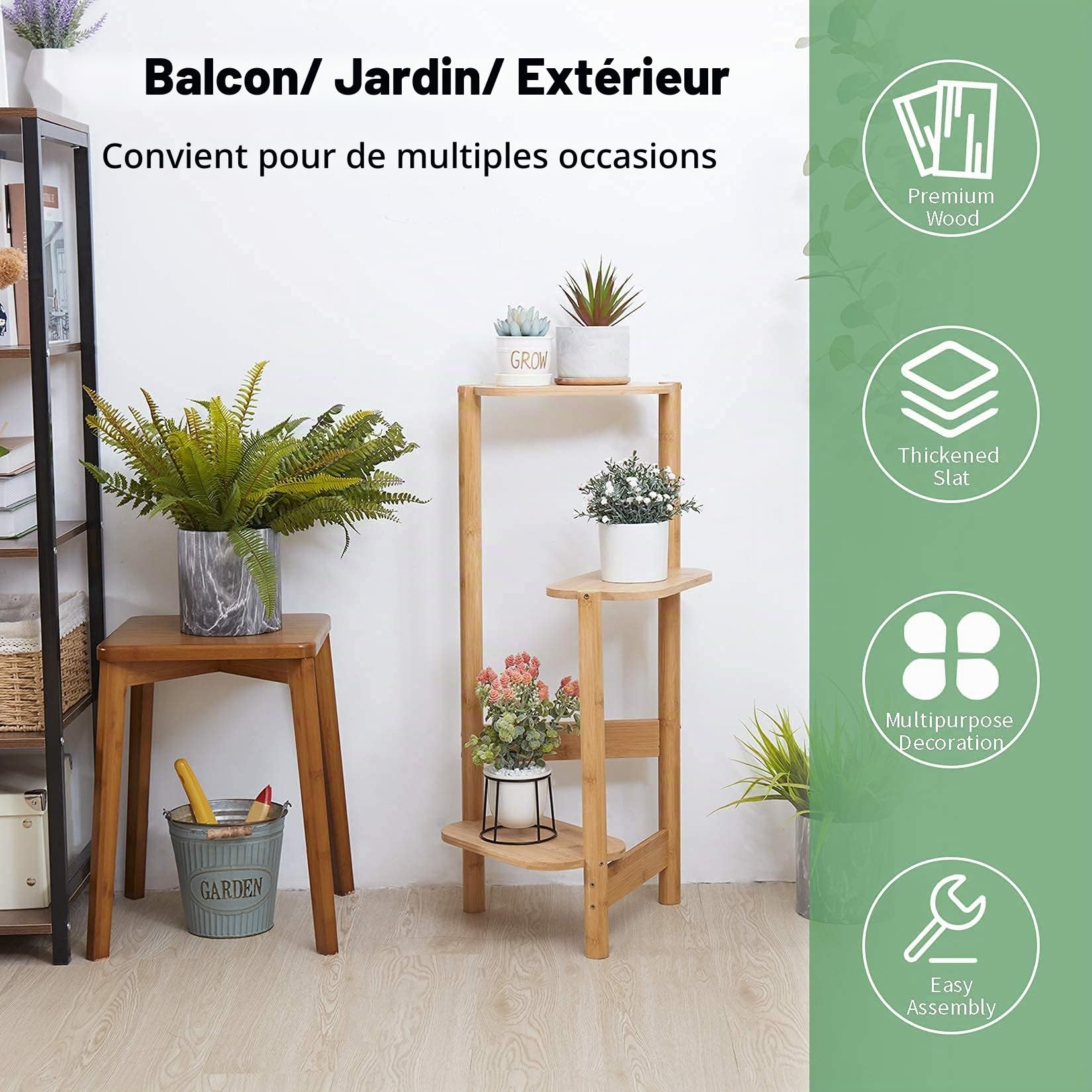 UNHO Porte Plante en Bambou: Etagère Plantes à 3 Niveaux Escalier Plantes sur Pieds Intérieur Extérieur pour Balcon Jardin Bureau Salon Brun 75cmx32cmx27.5cmx17cm Charge Maximale 10kgx3
