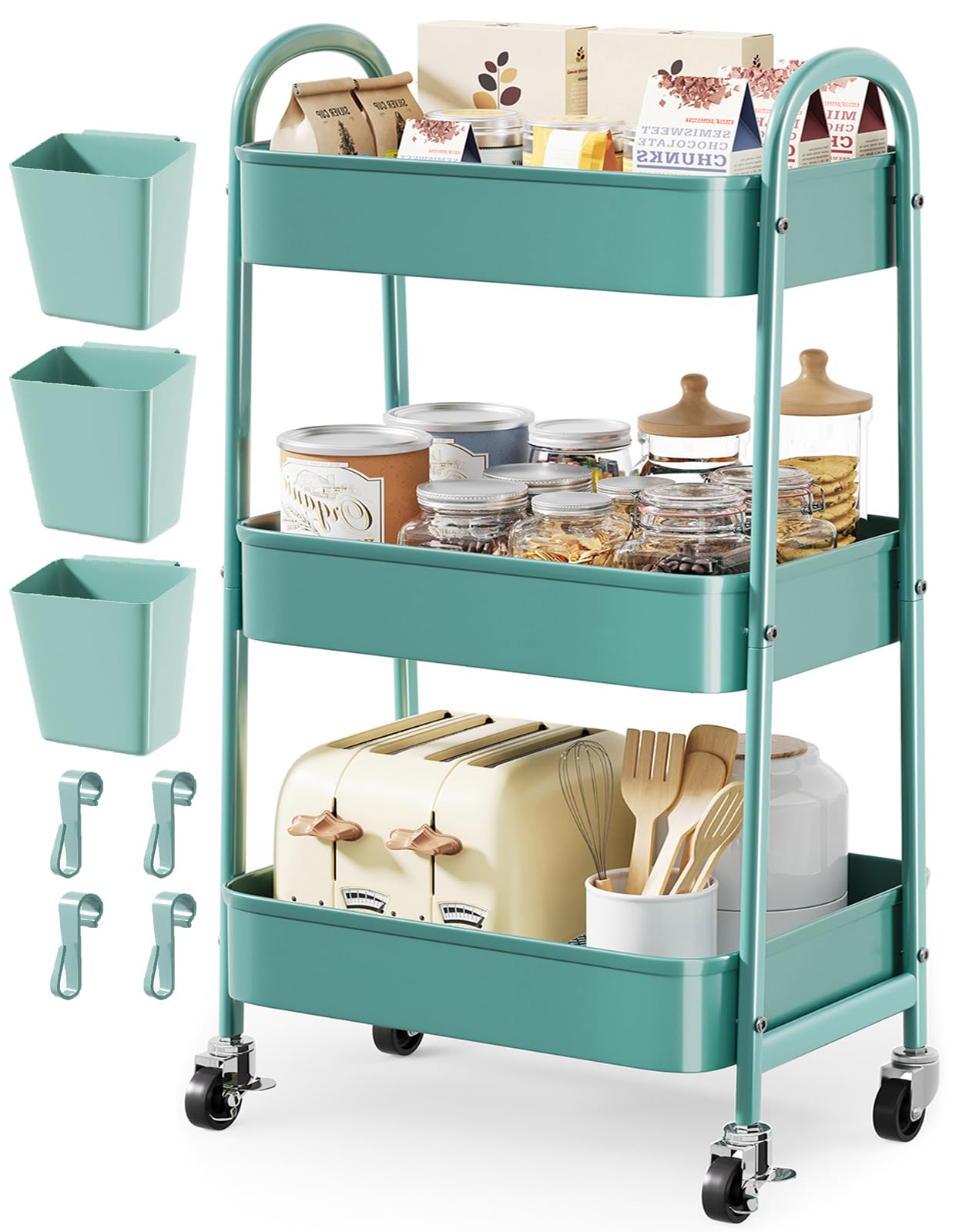 Green 3 Tier Rolling Cart Metal with Lockable Wheels, Three Tiered Craft Cart Organizer on wheels, Utility Storage Carts for Art, Baby Supplies,