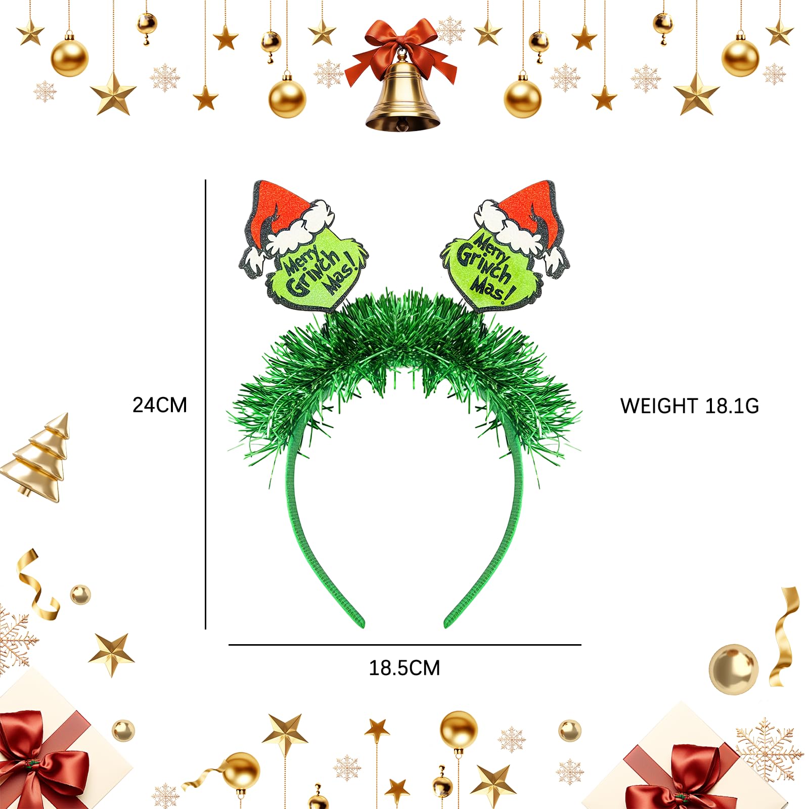 Lezevn Green Monster Head Bopper Headband Xmas Glittery Hair Band Christmas with Springy Faces Cartoon Green Classic Decorations for Winter Holiday Accessory - Image 2