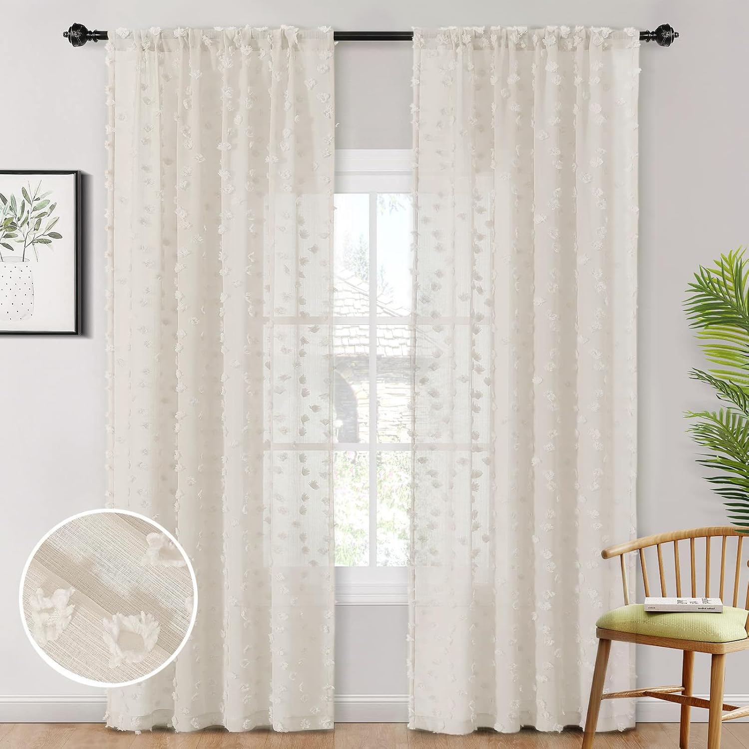 MYSKY HOME Beige Sheer Curtains for Bedroom Living Room with Pom Pom 84 Inches Long Light Filtering Cream Boho Drapes for Girls Nursery Kids Room Window, Rod Pocket, 52" Wide, 2 Panels