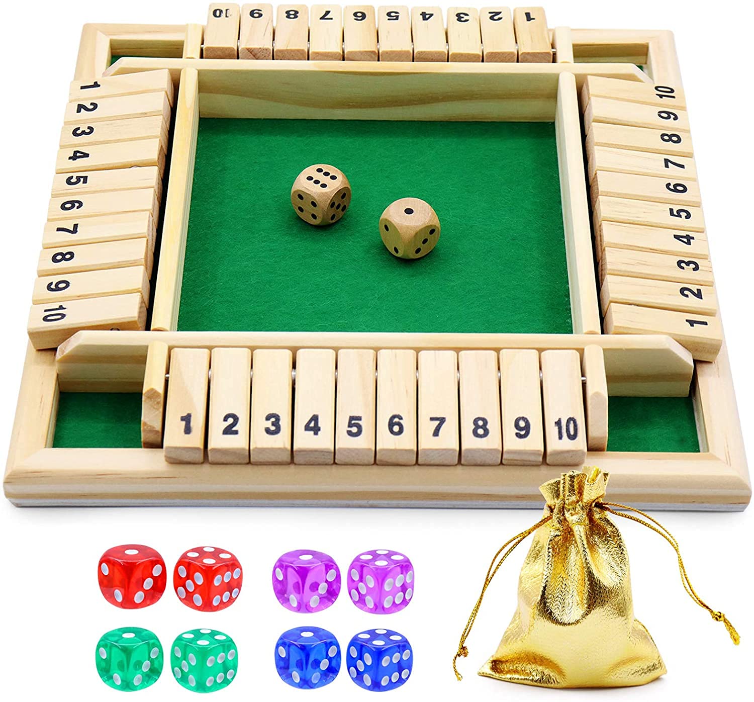 BEIJITA Shut The Box: Wooden Board Game with 10 4-Sided Dice for 2-4 Players, Family Math Game (Green)