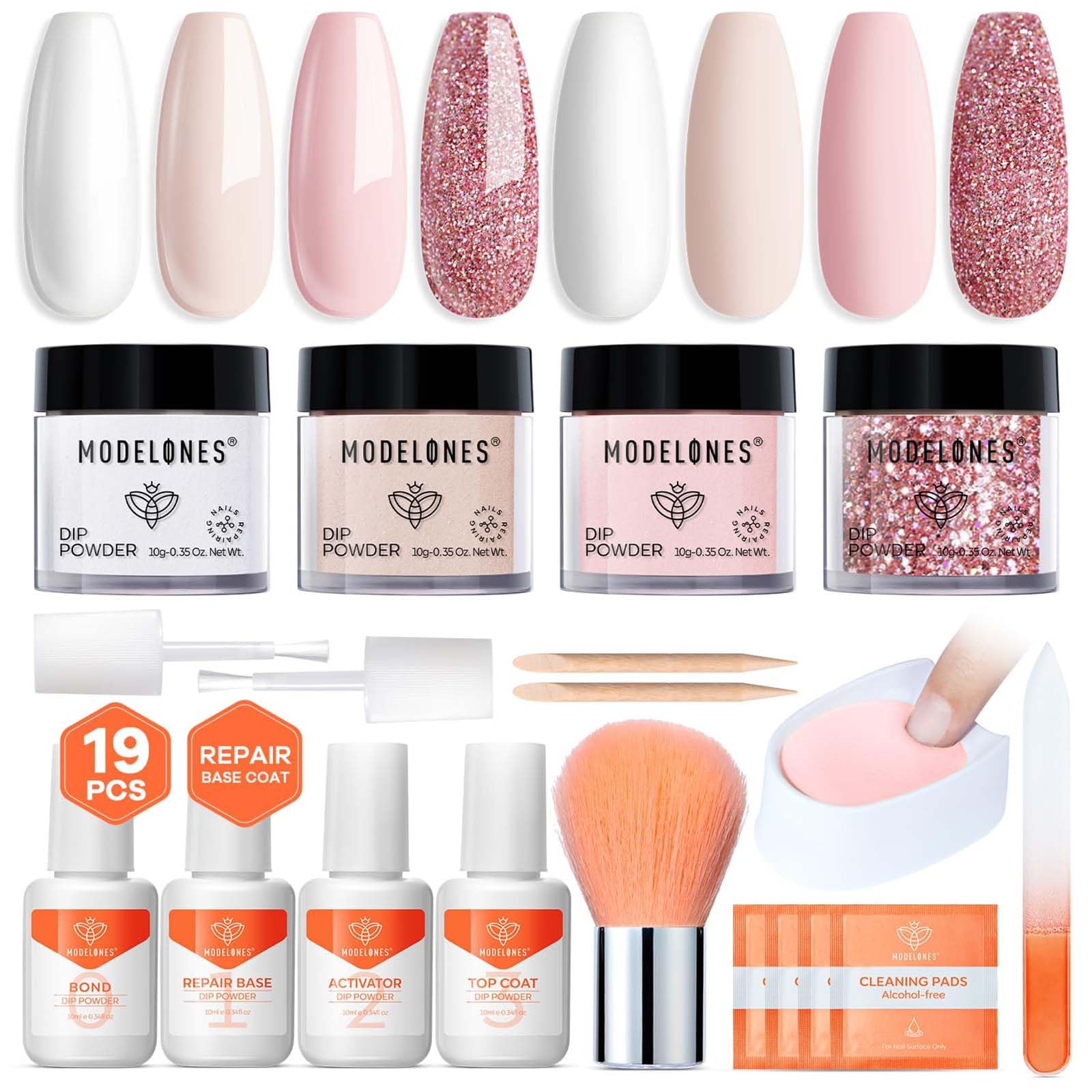 Modelones Dip Powder Nail Kit, 4 Colors White Nude Pink Glitter Dipping Starter Set with Liquid and Complete Accessories for French Nails Art Salon DIY at Home Manicure
