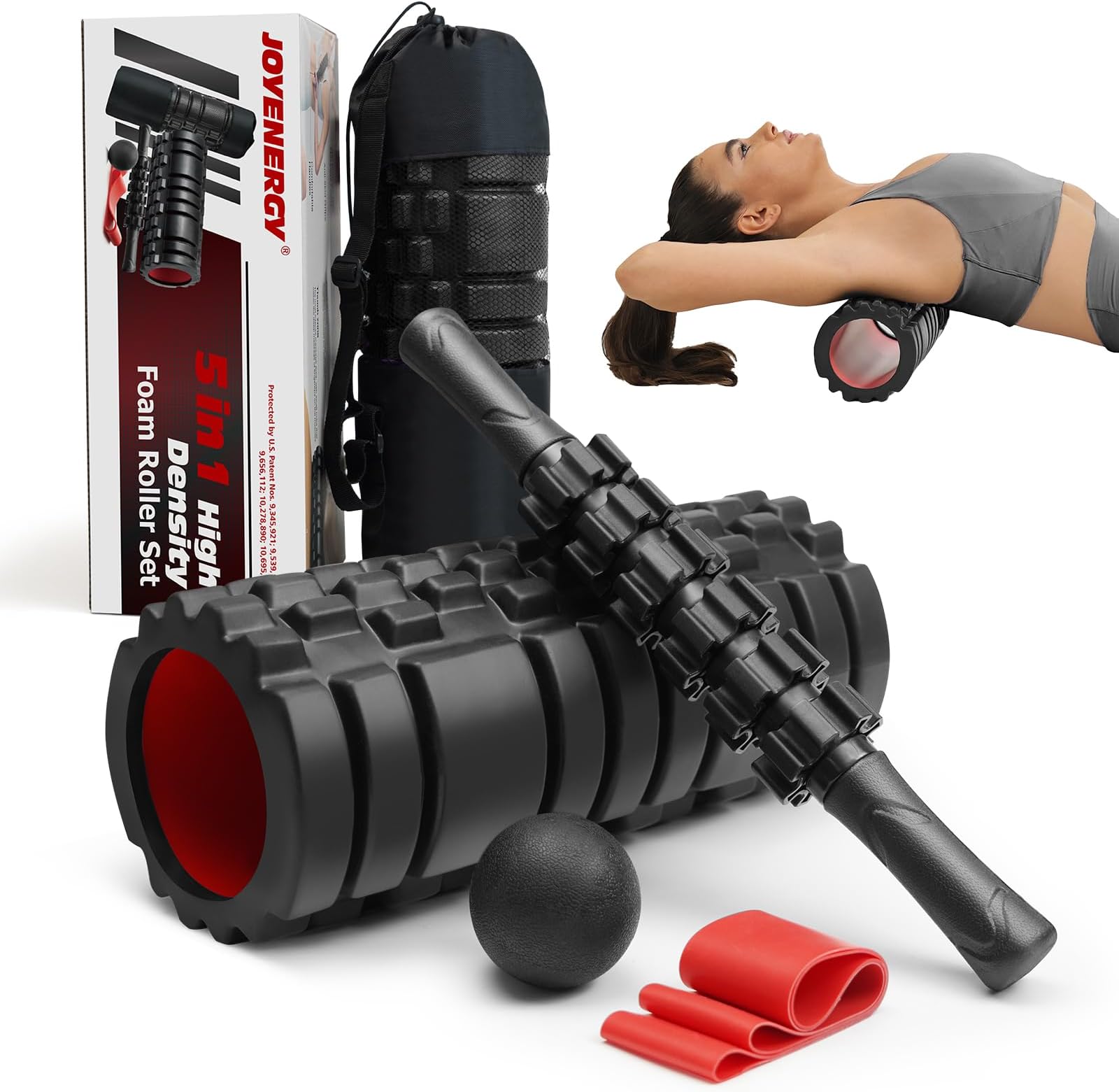 - 5 in 1 Foam Roller Set High Density Foam Roller Patented, Massage Stick, Massage Ball, Resistance Band for Deep Muscle Massage Pilates Yoga, Fitness for Trigger Point Release