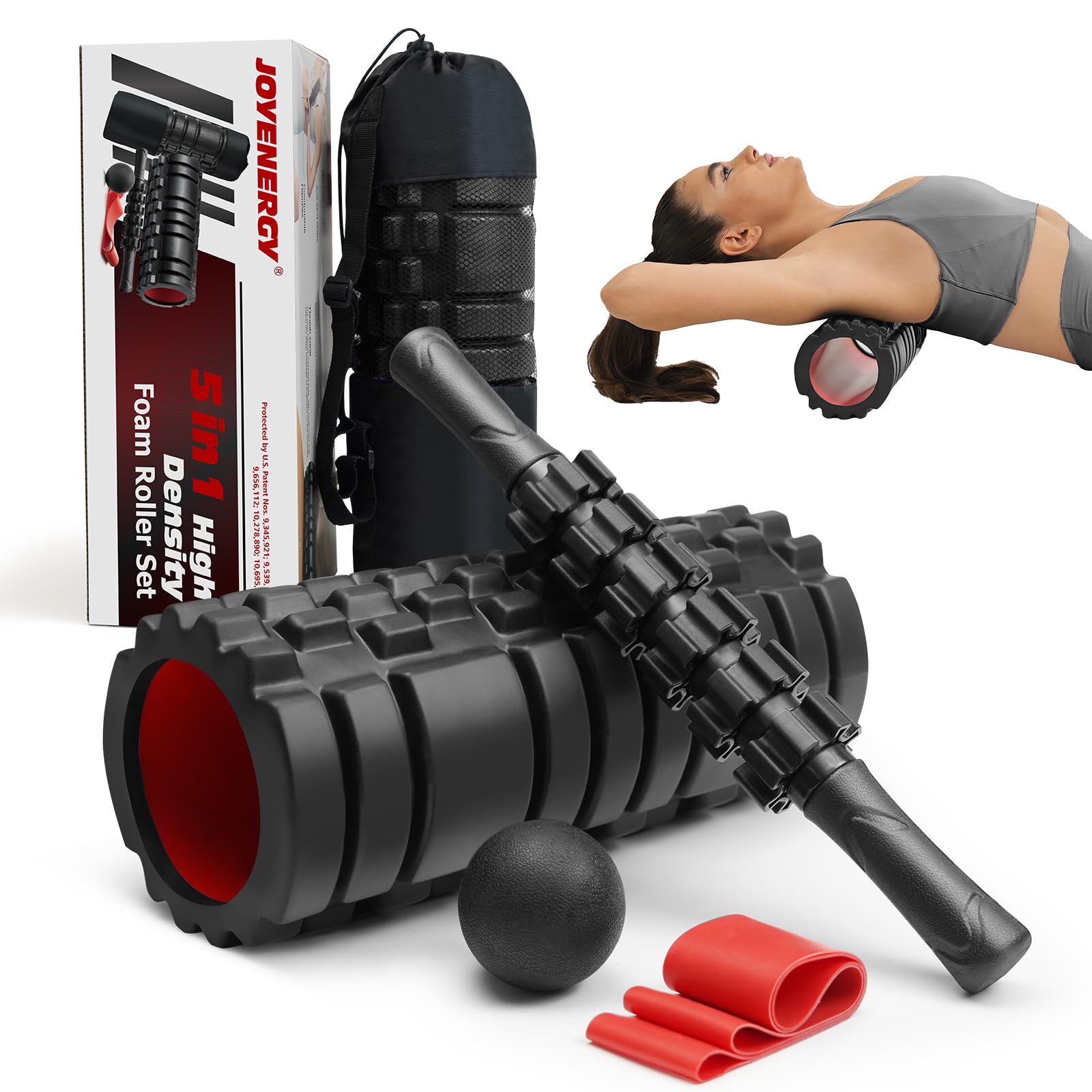 5 in 1 Foam Roller Set High Density Foam Roller Patented, Massage Stick, Massage Ball, Resistance Band for Deep Muscle Massage Pilates Yoga, Fitness for Trigger Point Release