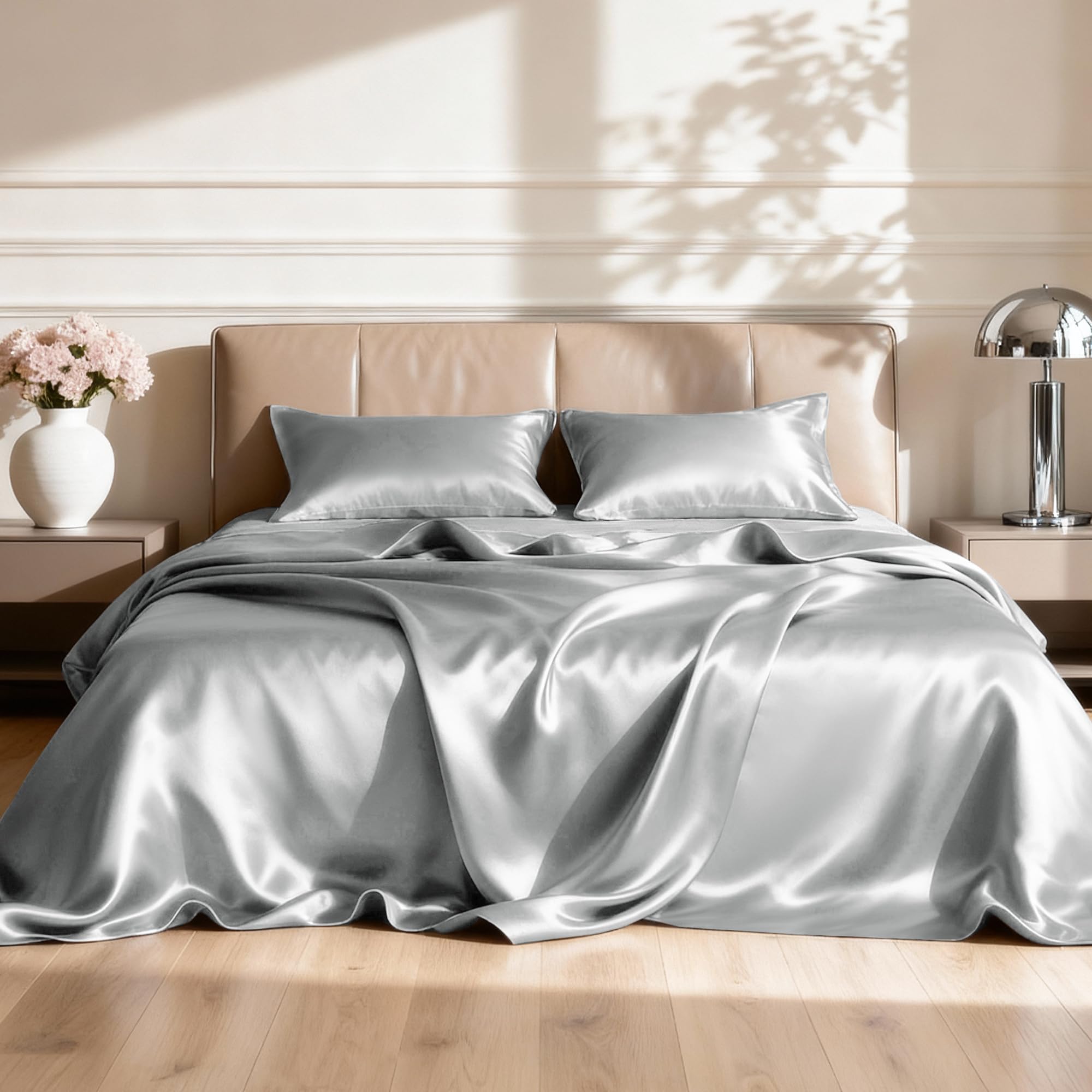 Love's cabin Satin Queen Sheets Set - 4 Piece Silver Silky Bed Sheets with Deep Pocket, Luxury Silk Feel Satin Queen Size Sheet Set (1 Flat Sheet,1