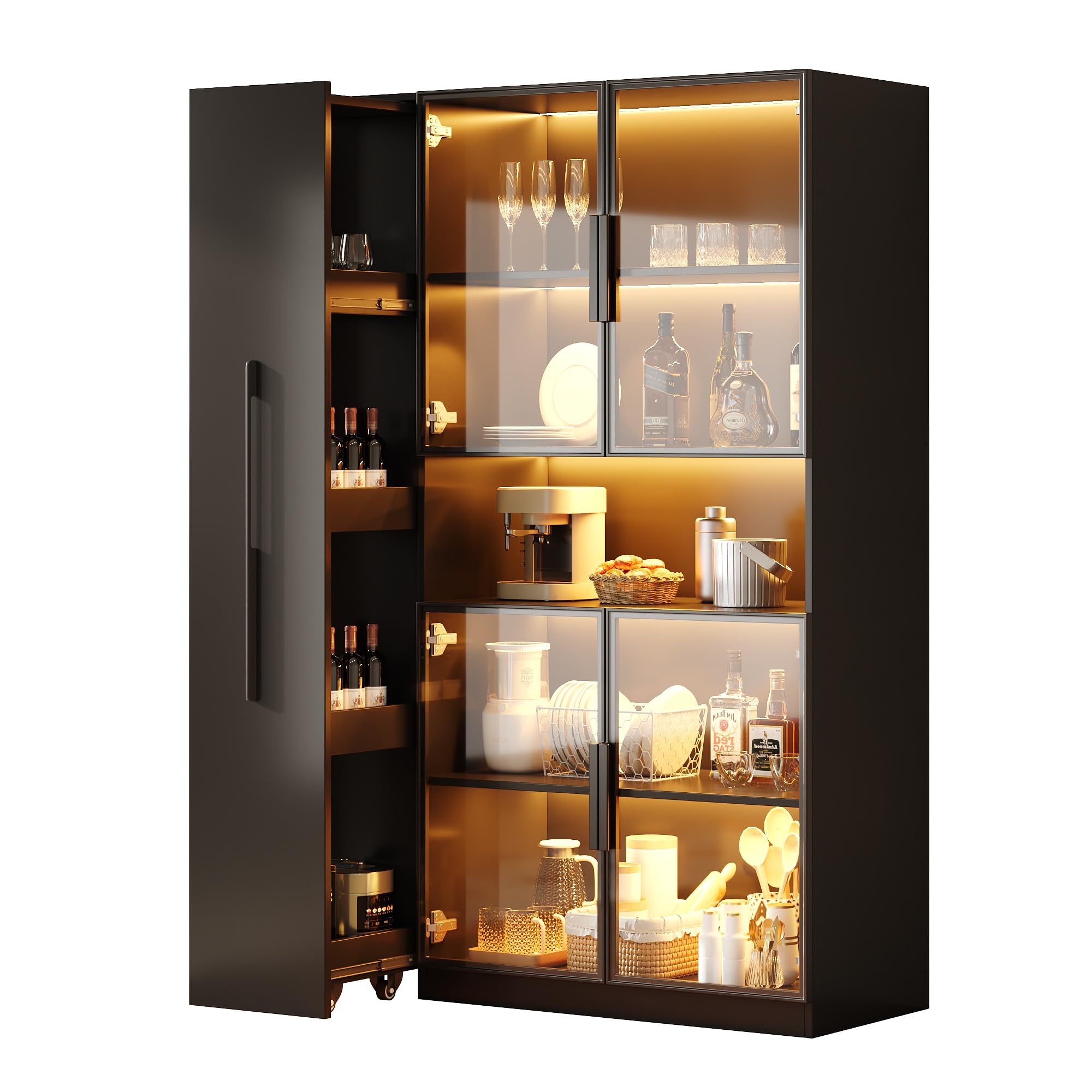 Multifunzionale Armadio 110×35×160 cm - Vetrinetta con Porta in Vetro e LED, Estrazione Laterale, Armadio a Ruote e Nero, Mobile Alto, Libreria, Armadio per Bagno, Credenza per