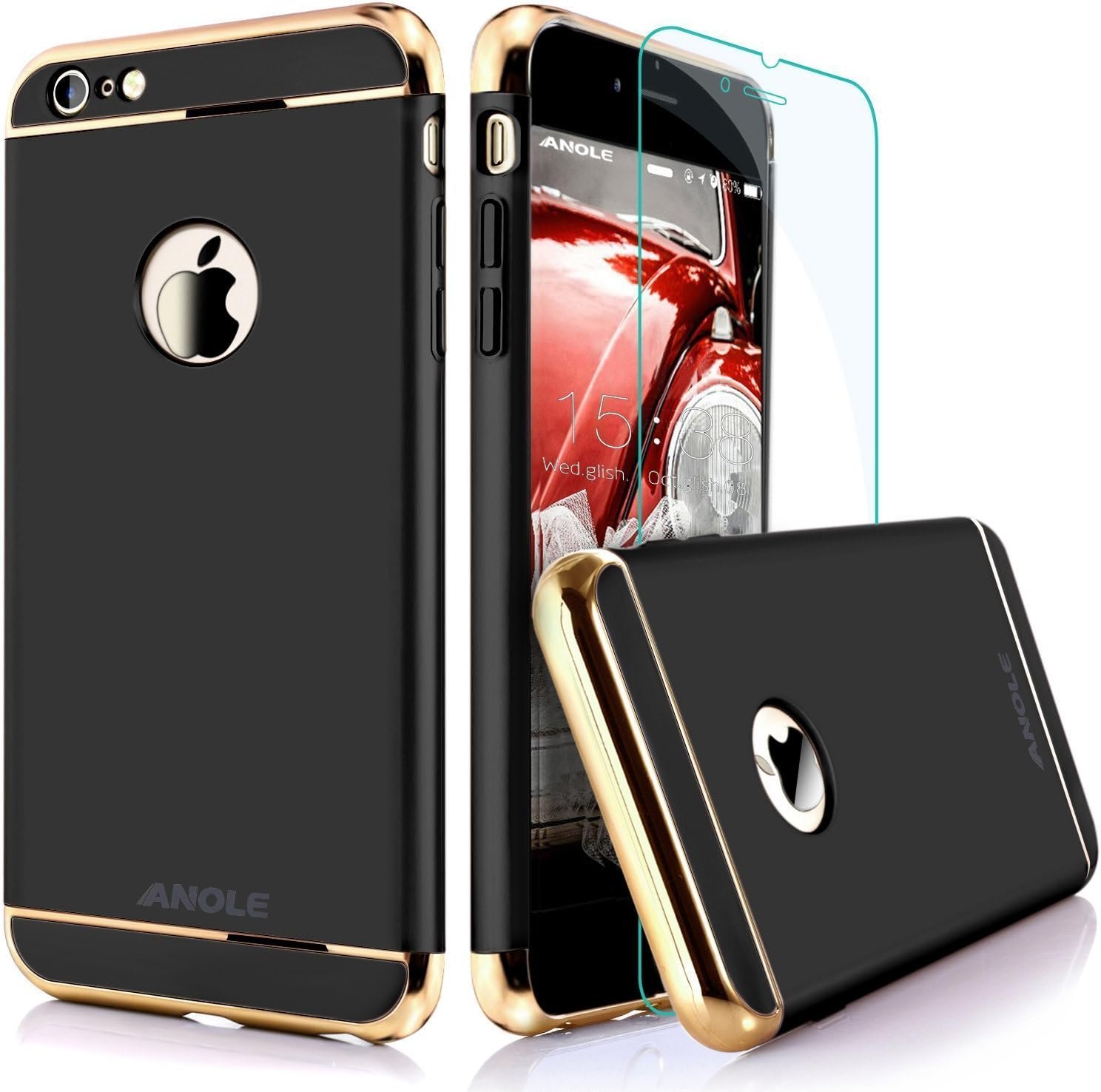 iphone 6 Plus Case, iphone 6s Plus Case, Anole Ultra-thin 3in1 Electroplate Metal Texture Plastic Hard Back Case Cover & Tempered Glass Screen Protector for Apple iphone 6 Plus 5.5 Inch (Black)